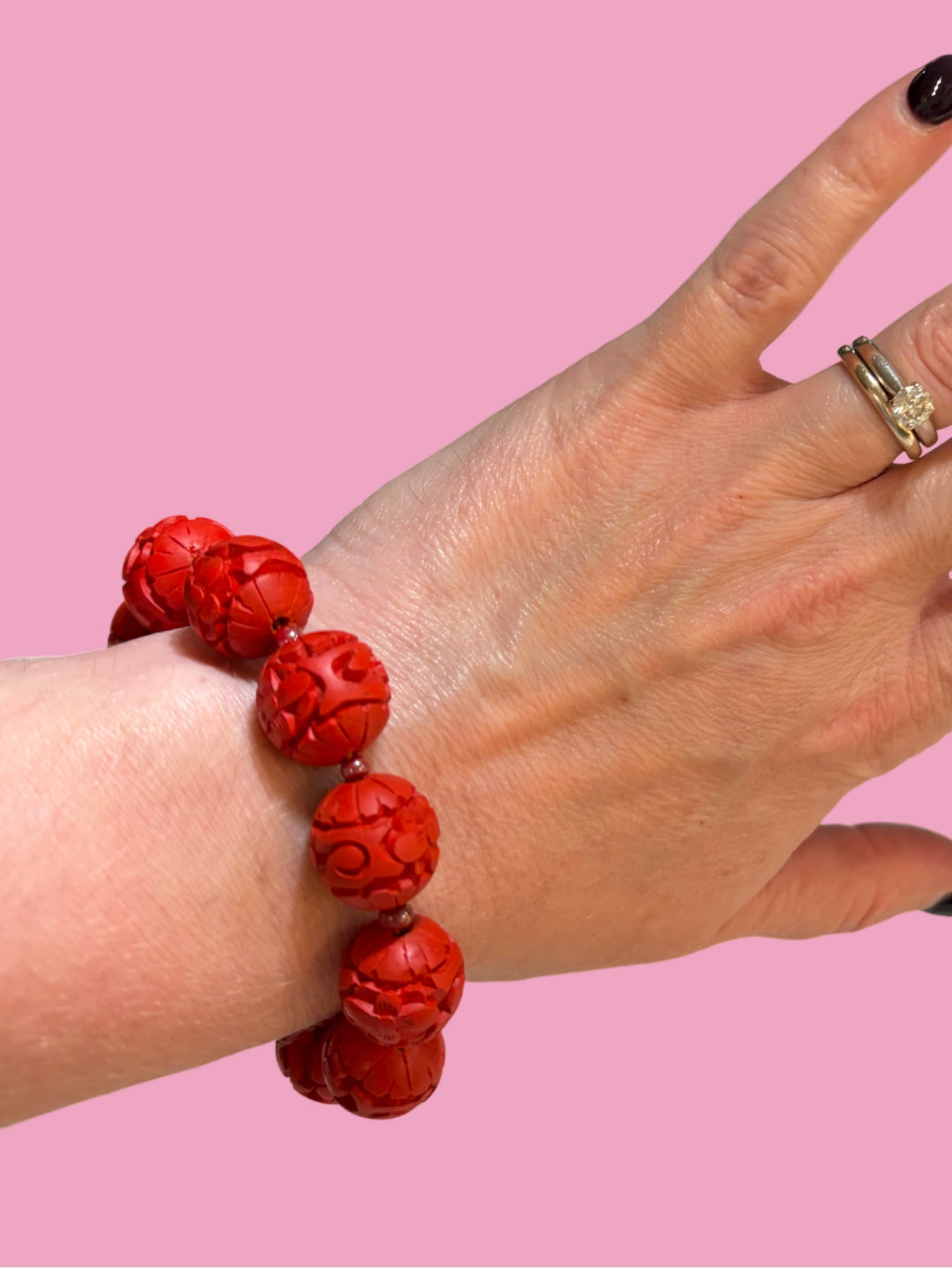 Vintage Chinese Carved Cinnabar Bead Bracelet with Gold Tone Filigree Box Clasp