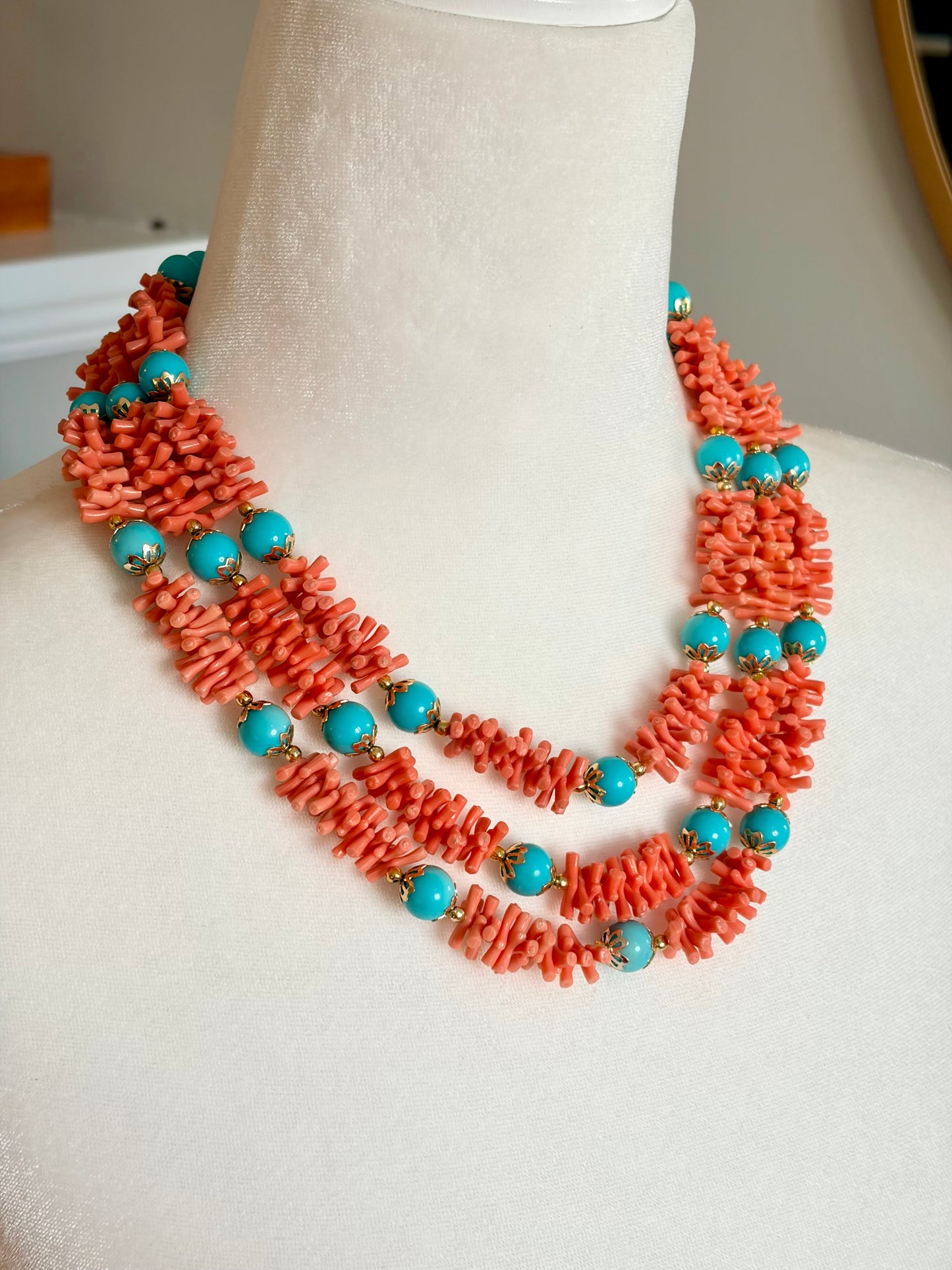 1950s Faux Coral/Turquoise Bead Three Strand Necklace