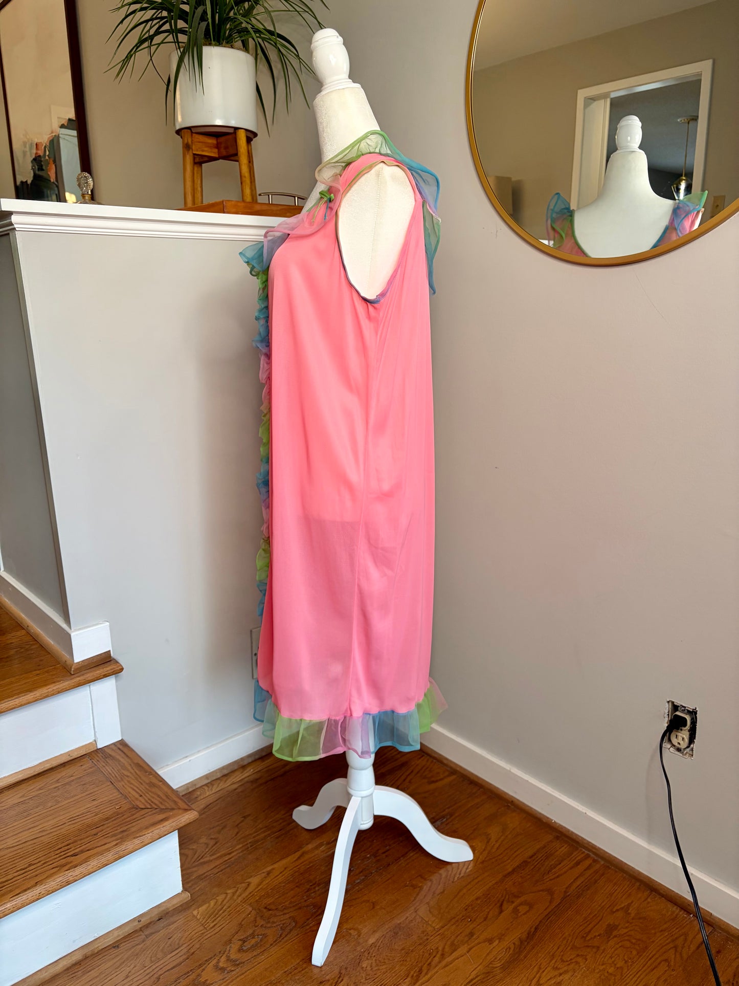 1960s Pink Nightgown with Blue/Green/Pink Ombré Ruffle Trim