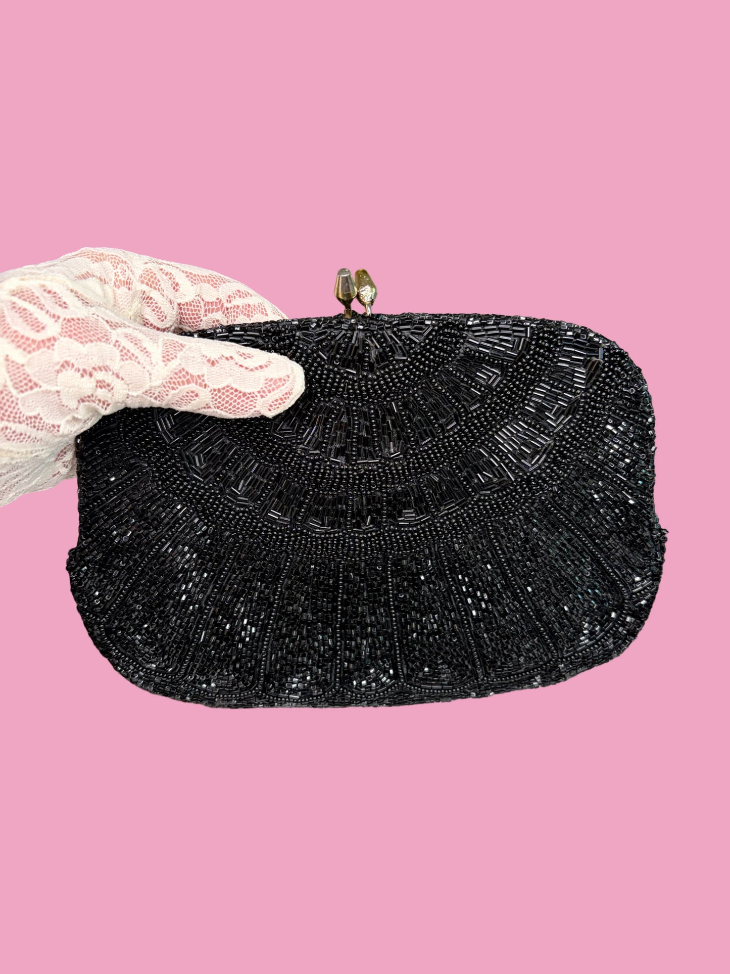 1950s Black Glass Beaded Clutch w/ Optional Strap