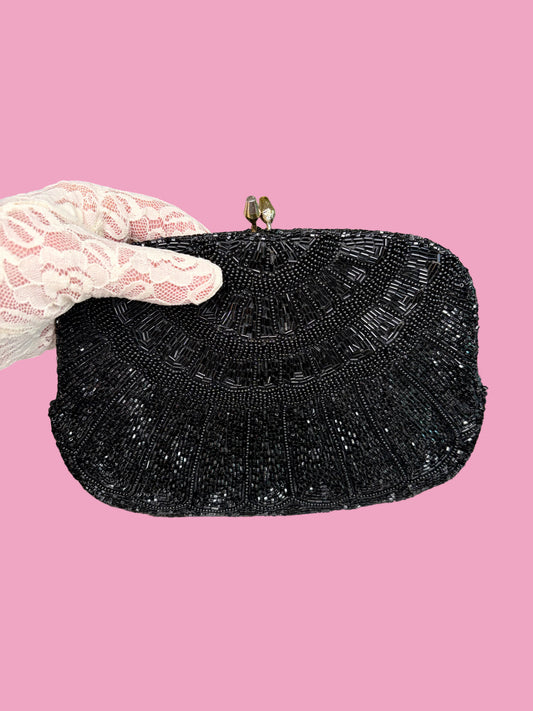 1950s Black Glass Beaded Clutch w/ Optional Strap