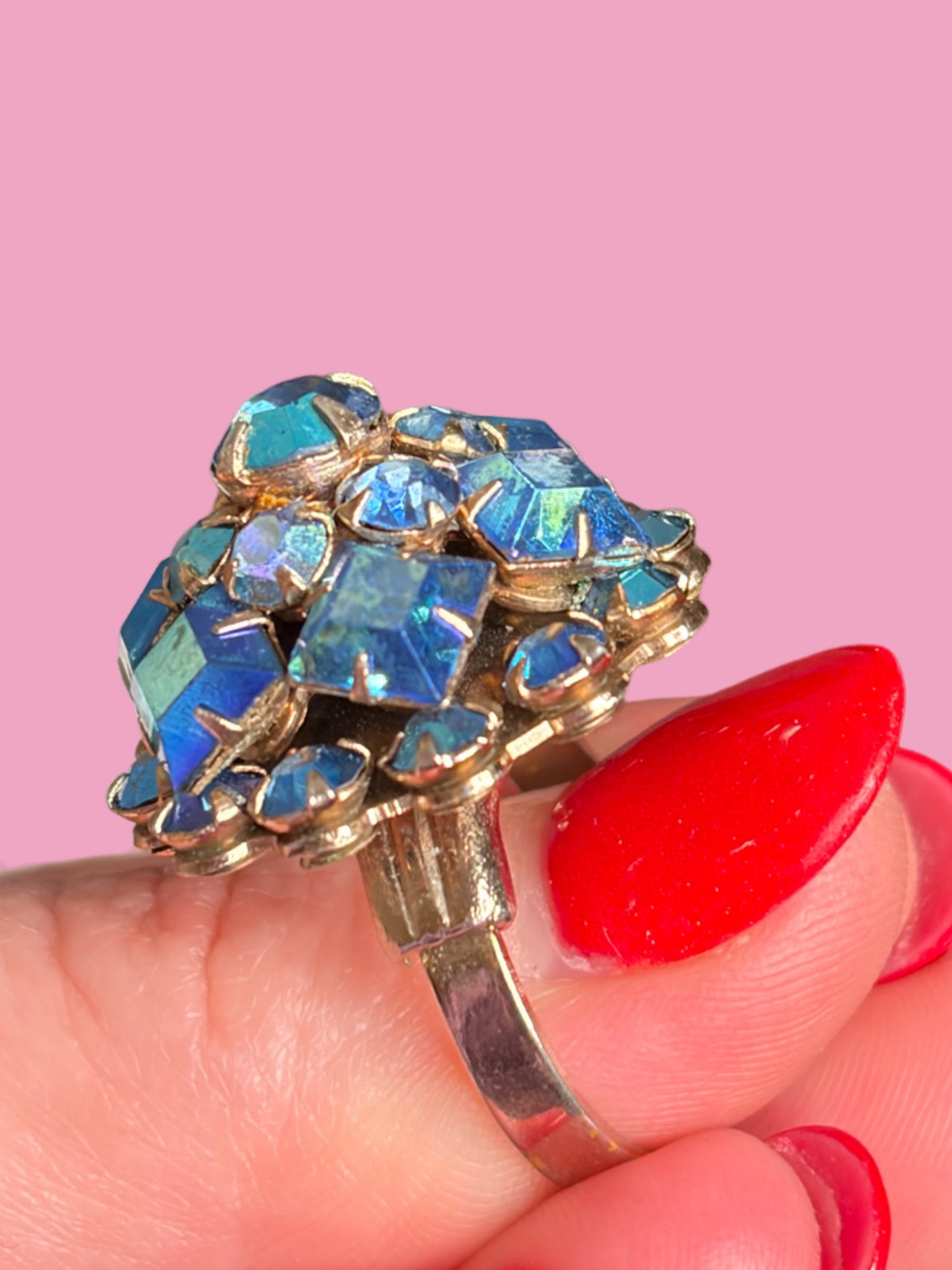 1960s Cluster Blue Rhinestone Cocktail Ring