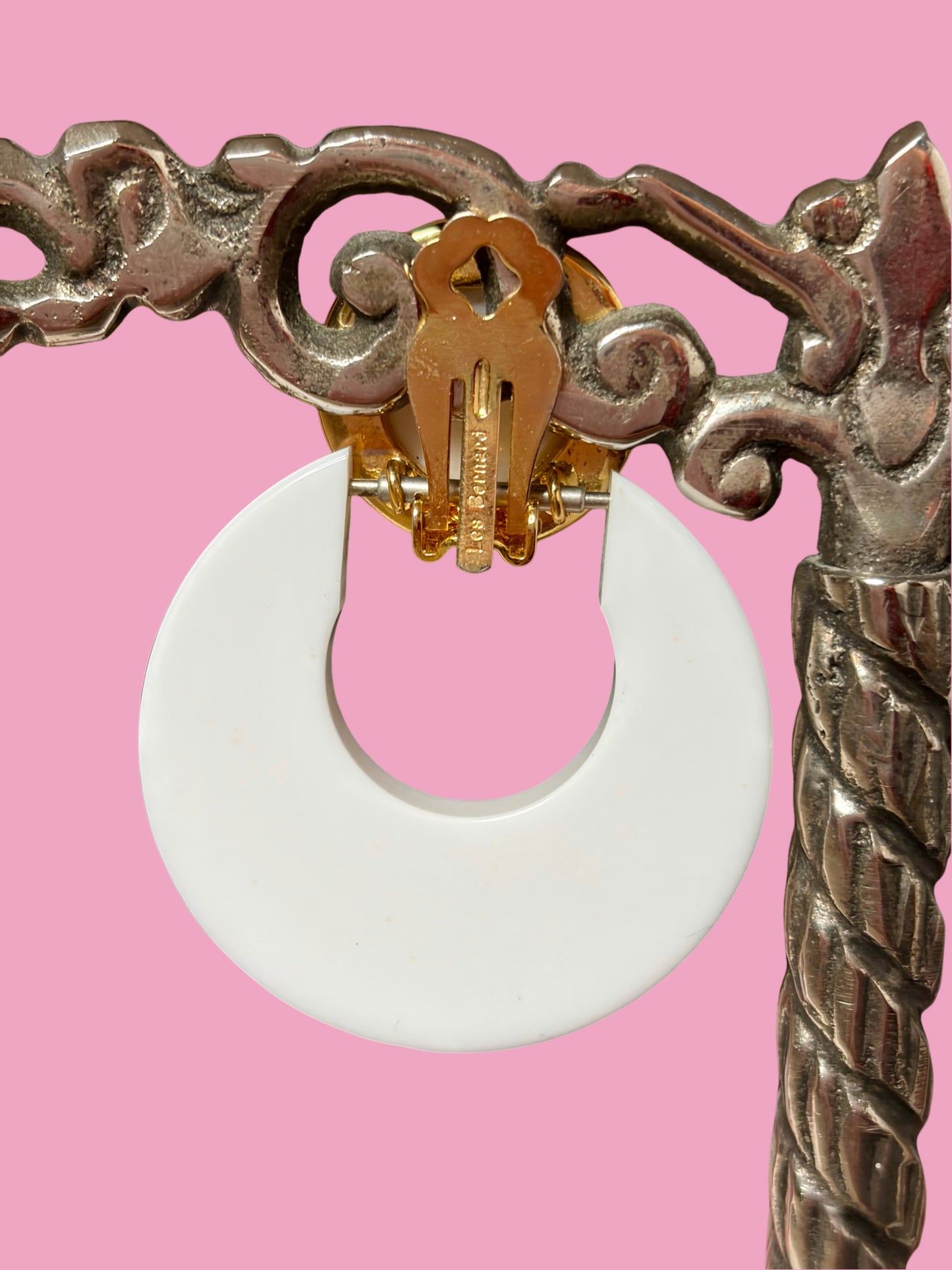 Vintage Les Bernard White Enamel Clip Dangle Earrings