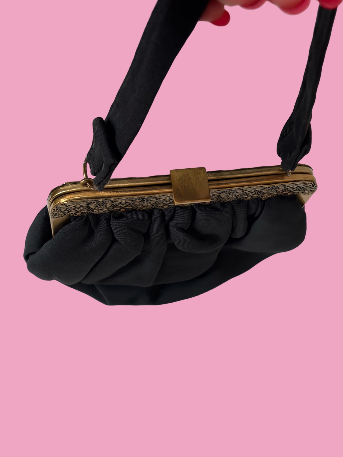 1940s Black Bag with Brass Filigree Frame