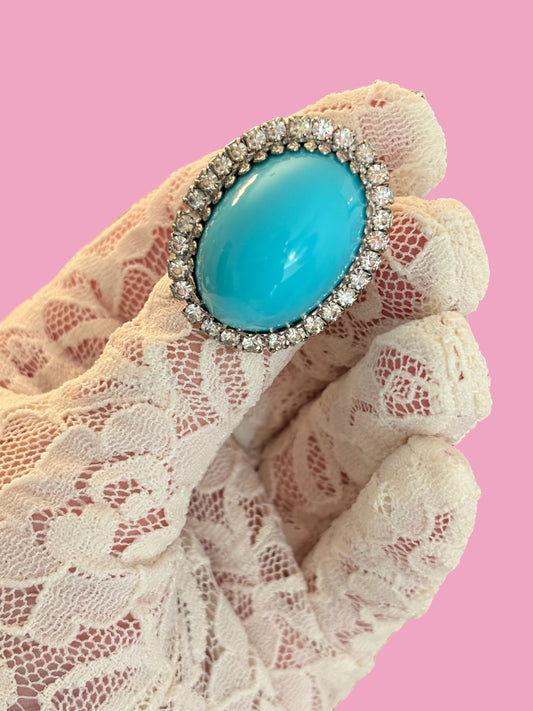 1960s Silver Tone Turquoise Plastic Oval Cabachon w/ Rhinestones Ring