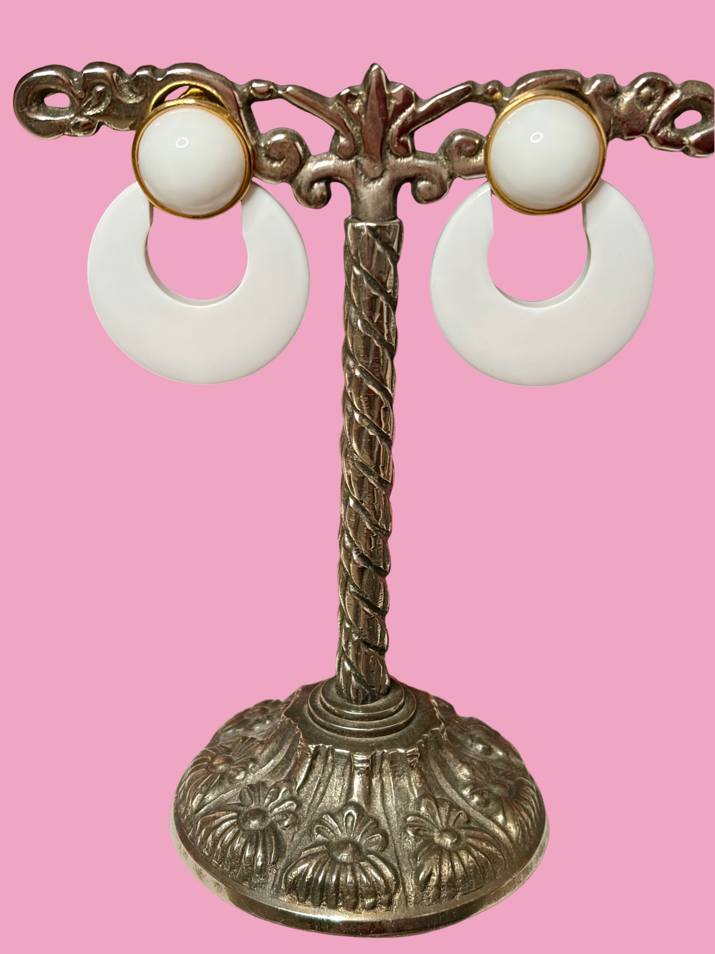 Vintage Les Bernard White Enamel Clip Dangle Earrings