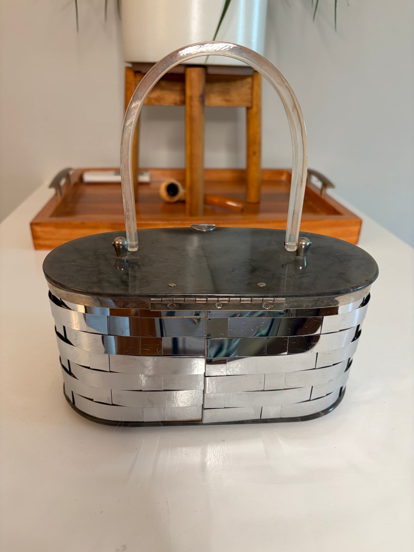 1950s Mirrored Basketweave Box Purse w/ Lucite Top/Handle