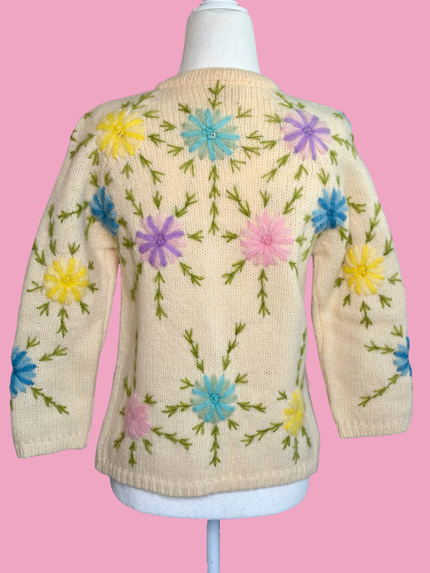 1960s Ivory Hand Embroidered Cardigan Sweater by Fully Fashioned