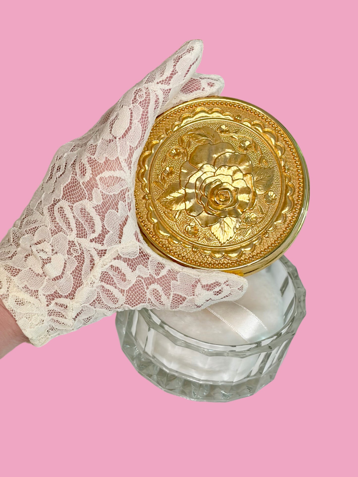 1970s NOS Repousee Glass & Brass Vanity Jar w/ Puff