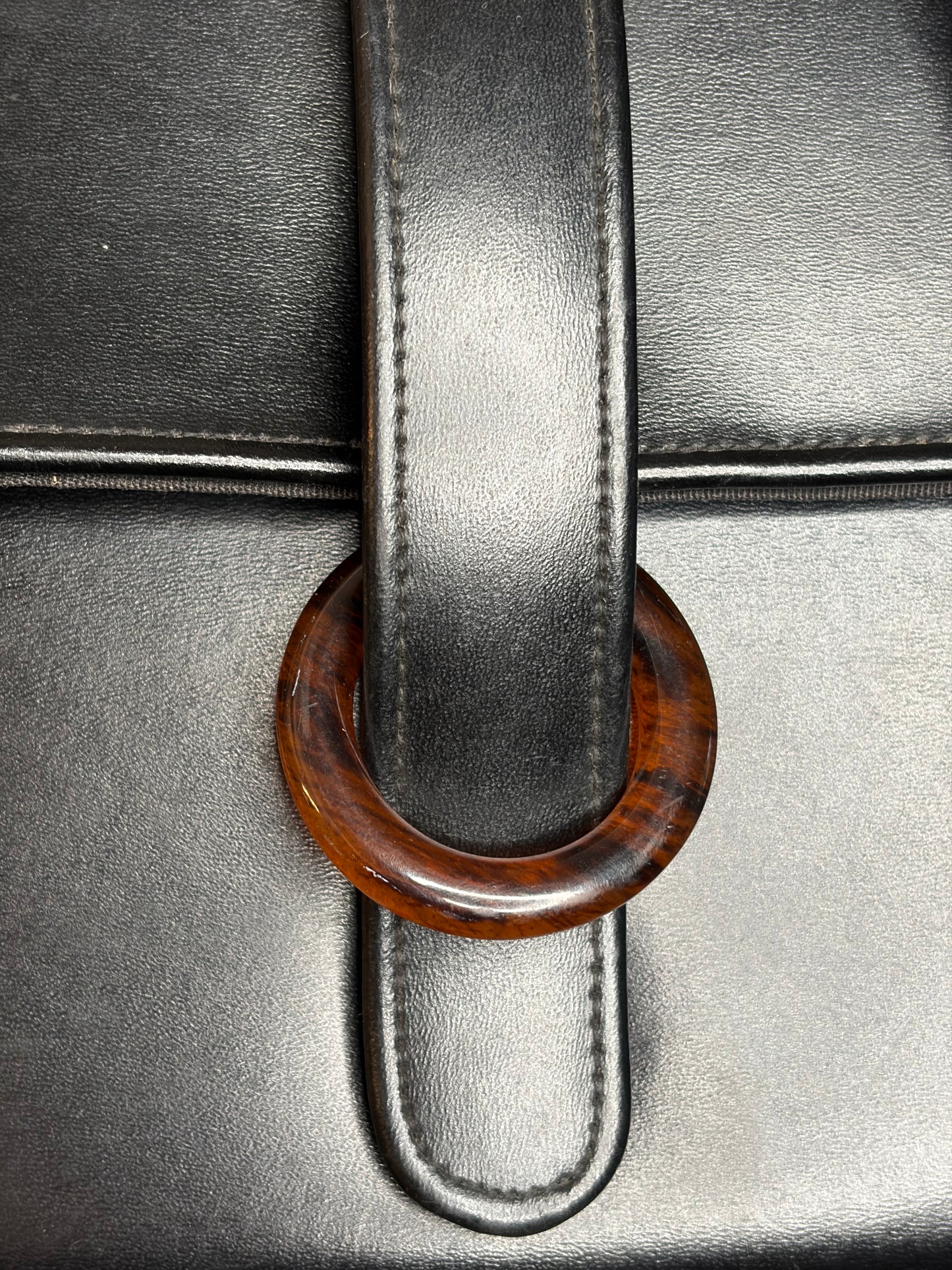 1970s Black Vinyl Handbag with Lucite Ring Clasp