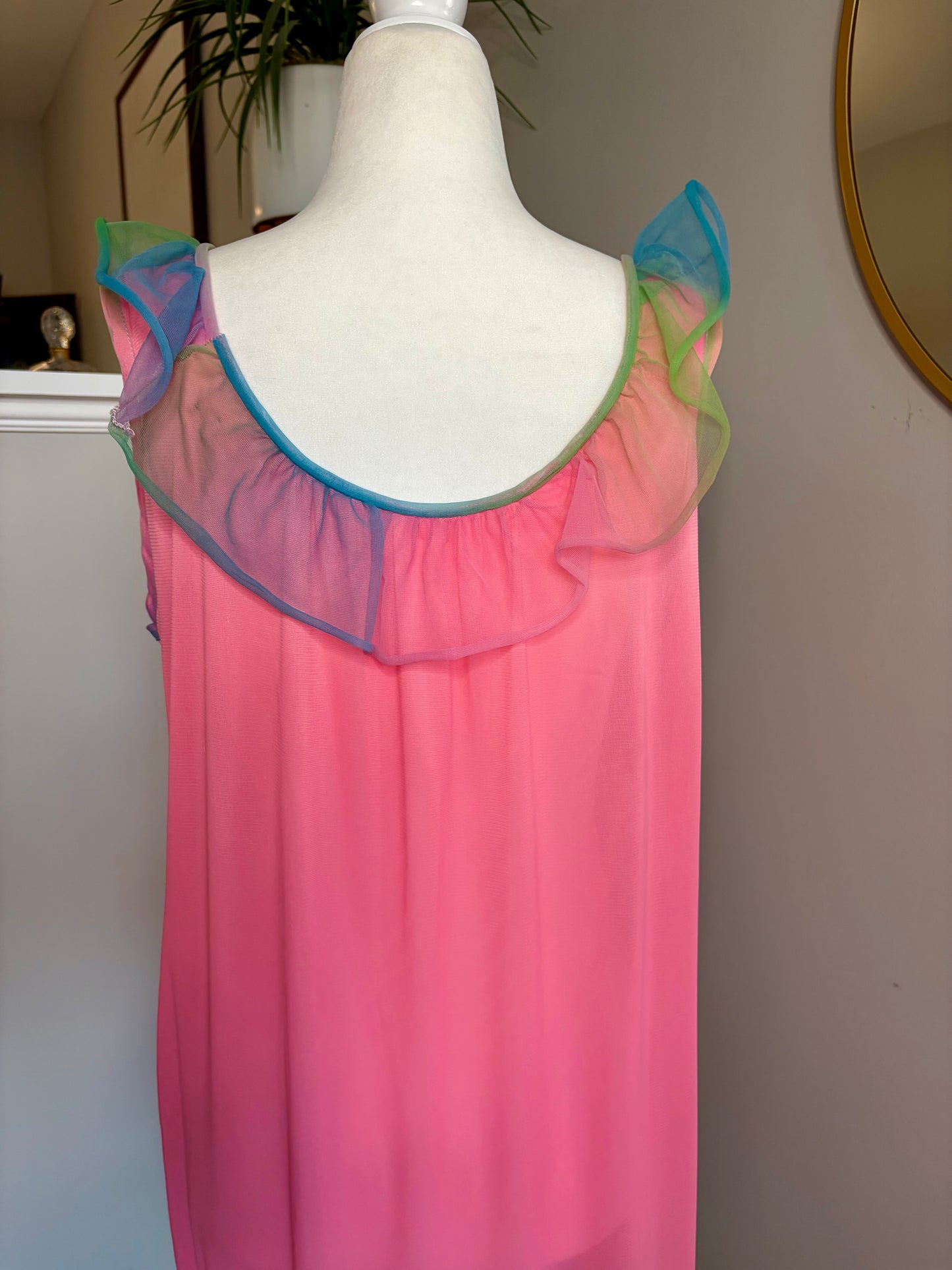 1960s Pink Nightgown with Blue/Green/Pink Ombré Ruffle Trim