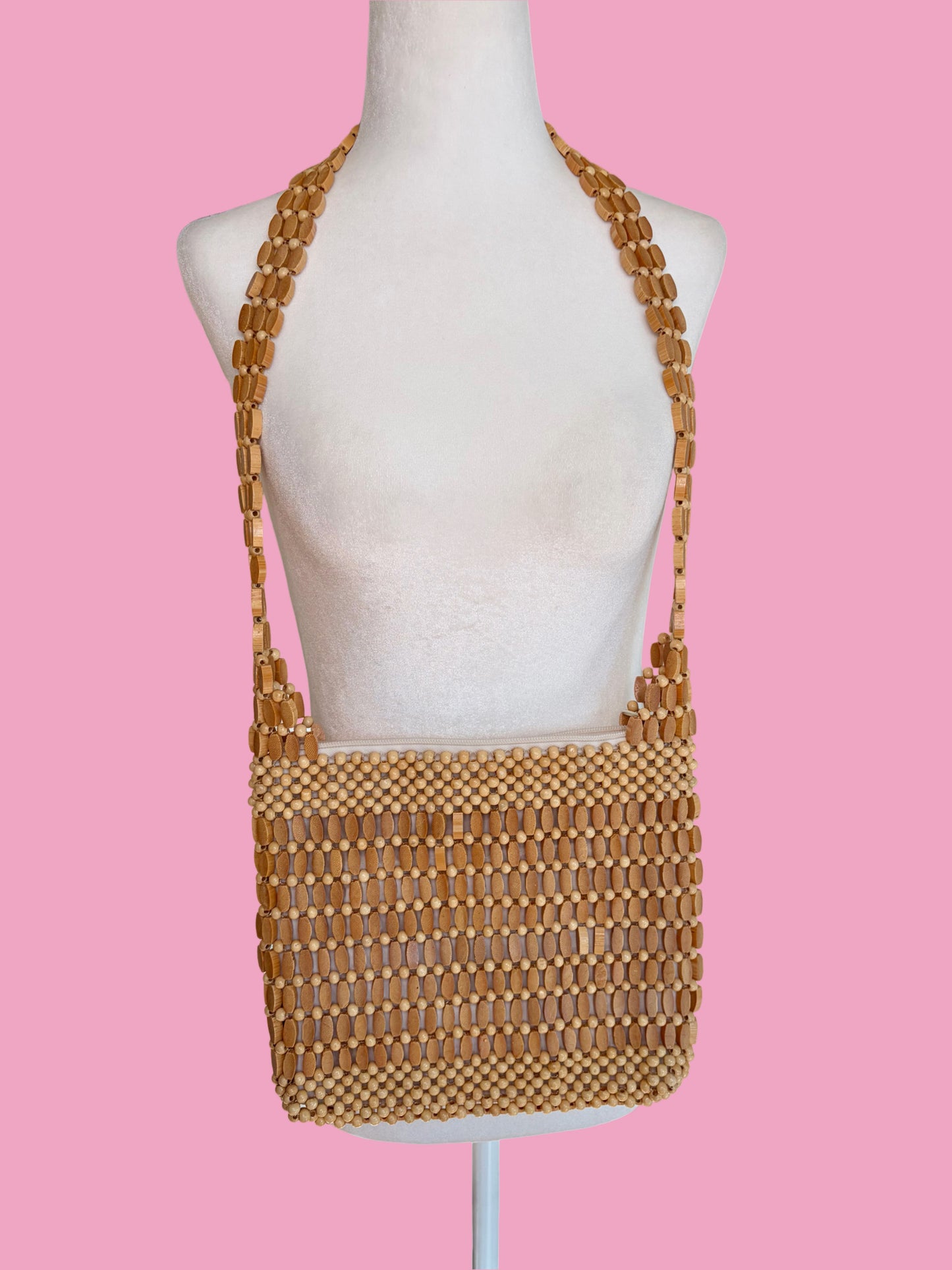 1970s Boho Wooden Beaded Shoulder Bag