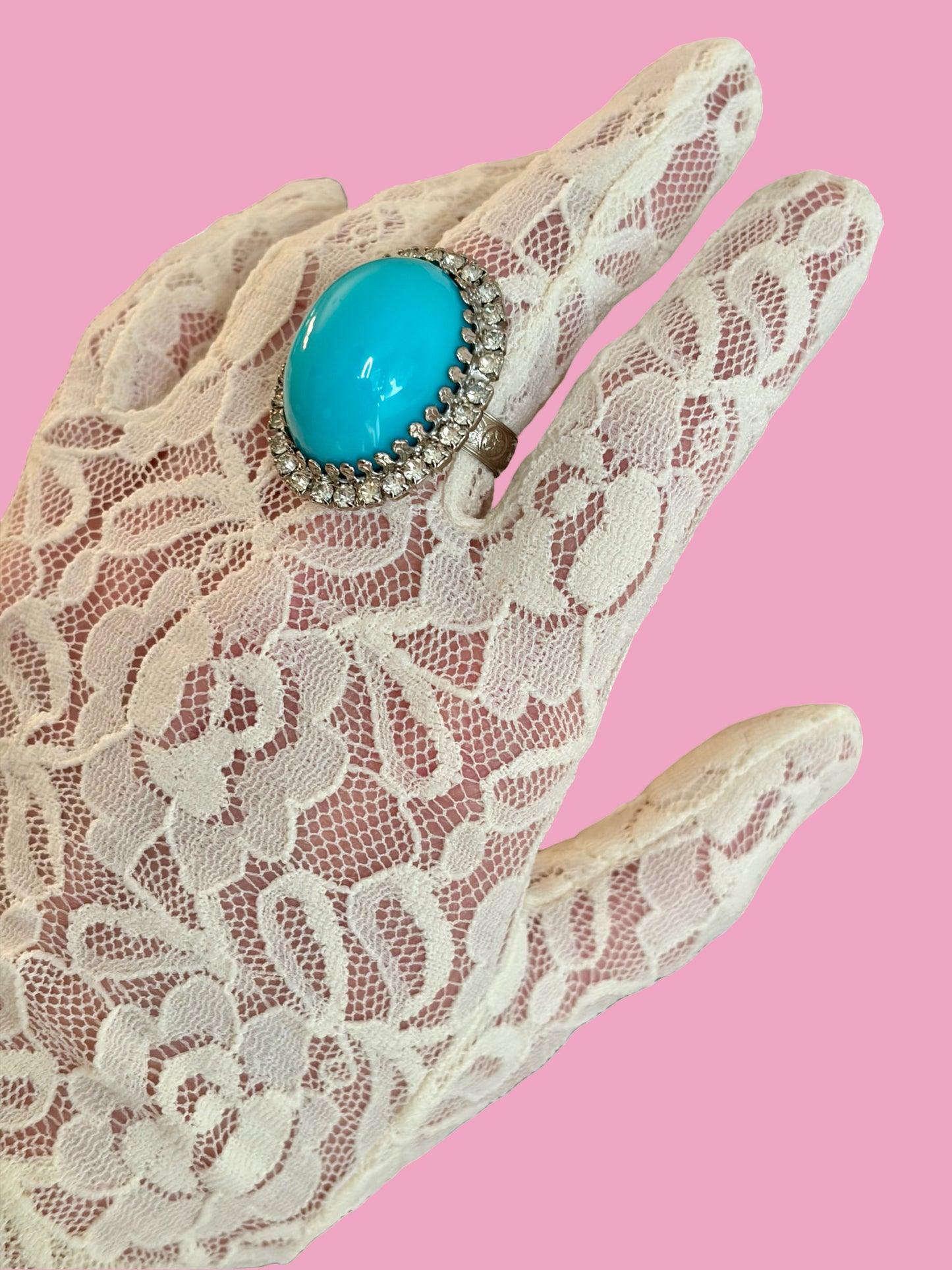 1960s Silver Tone Turquoise Plastic Oval Cabachon w/ Rhinestones Ring