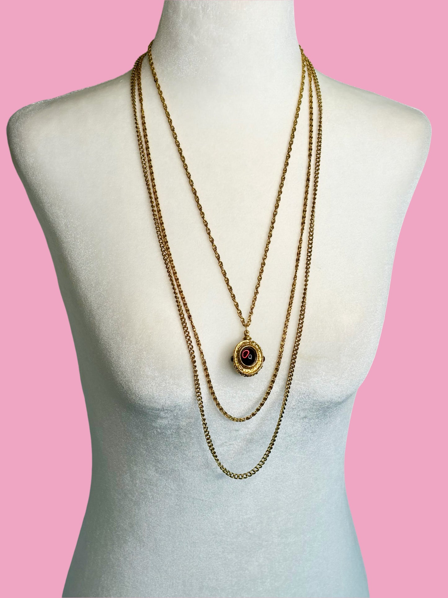 Mid Century Goldette Three Tiered Chain Necklace w/ Purple Glass Cabochon Pendant