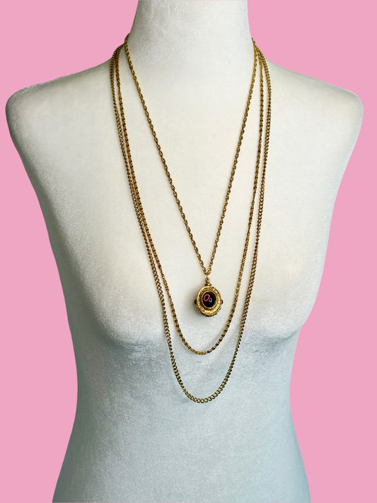 Mid Century Goldette Three Tiered Chain Necklace w/ Purple Glass Cabochon Pendant
