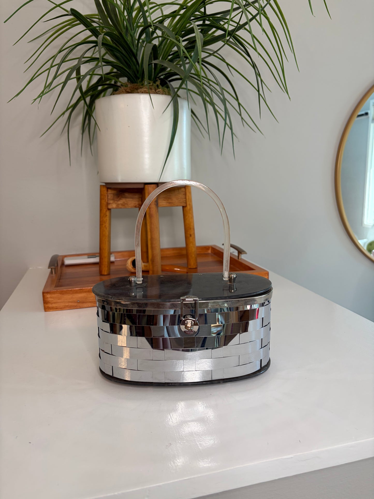 1950s Mirrored Basketweave Box Purse w/ Lucite Top/Handle