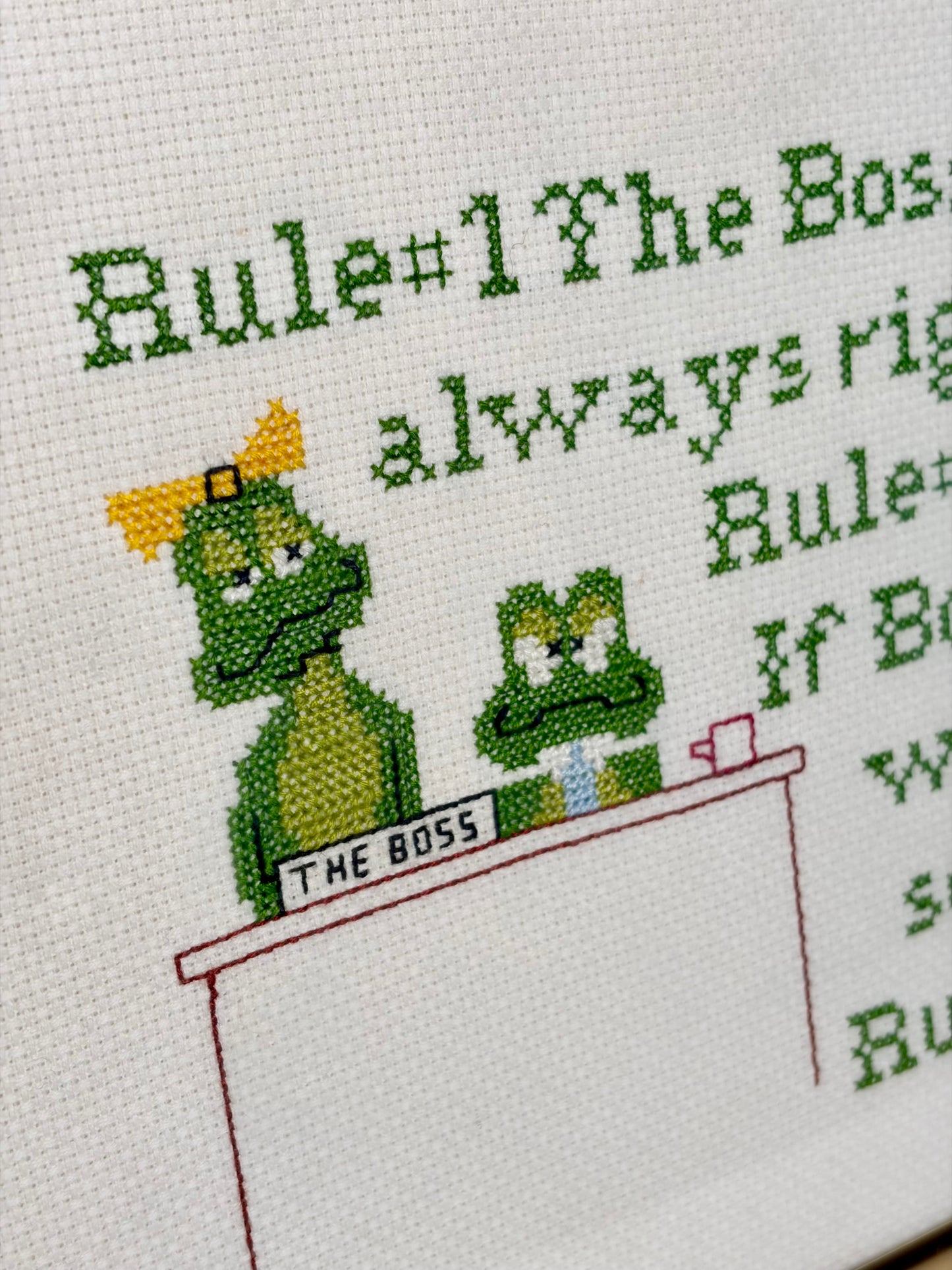 Vintage 1980s Kitschy Framed “Boss” Needlepoint