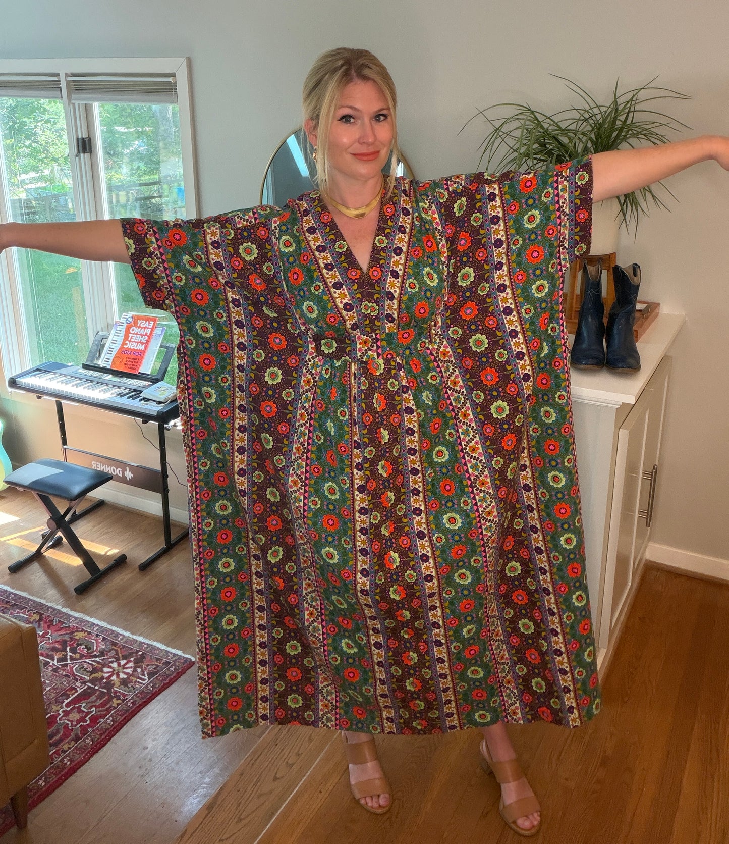 1960s Psychedelic Barkcloth Floral Caftan