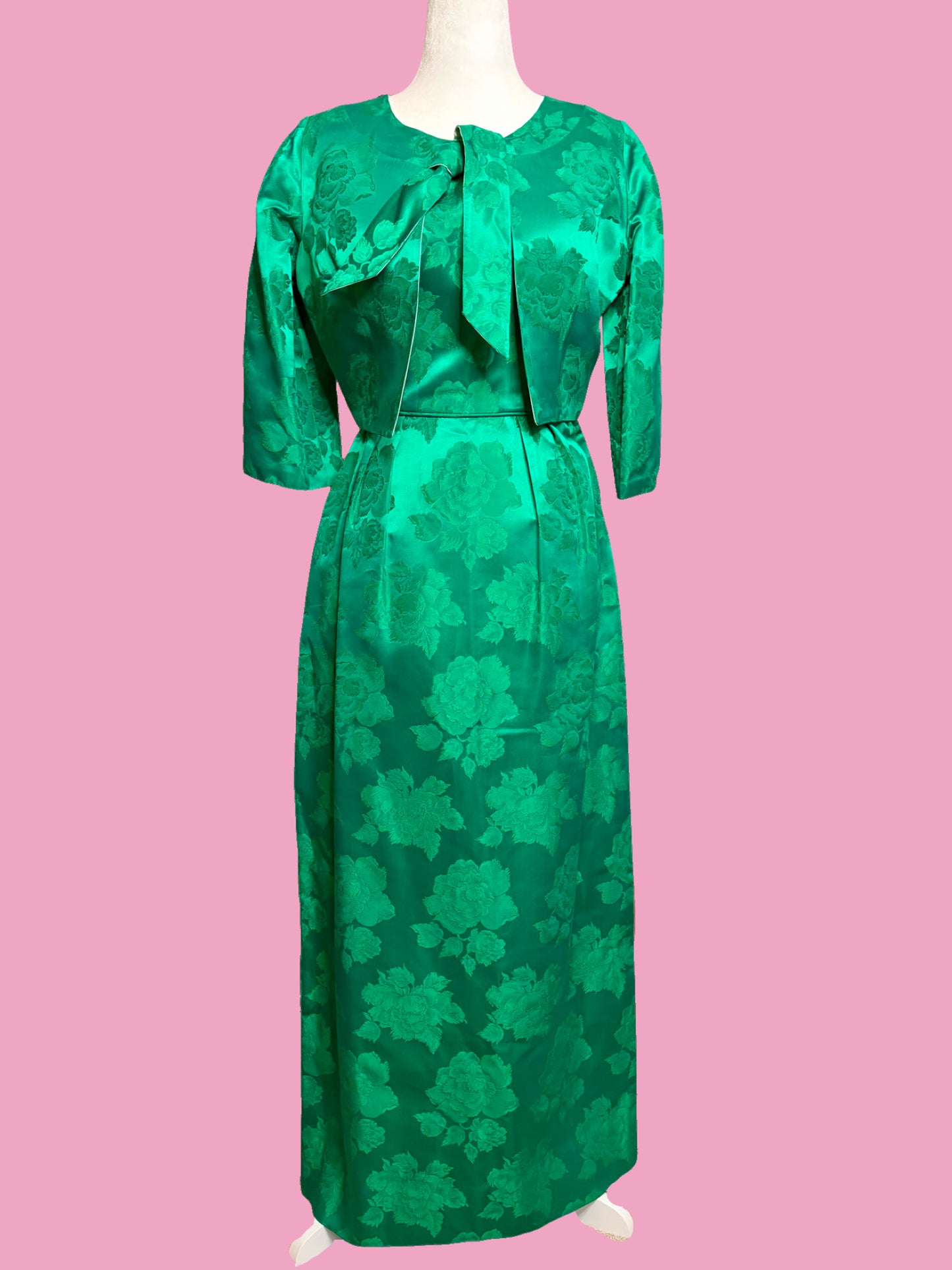 1950s Emerald Floral Brocade Party Dress with Matching Jacket