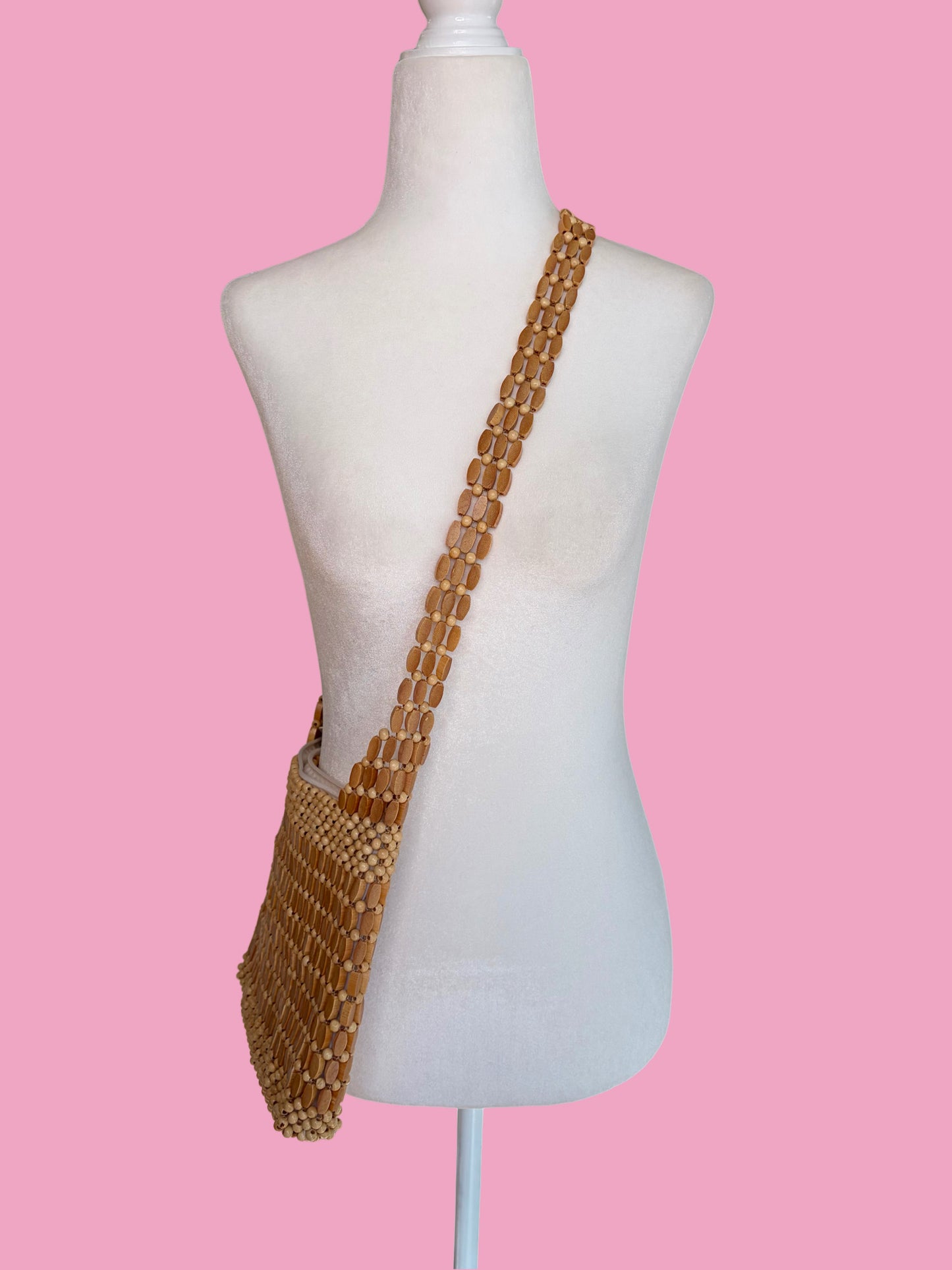 1970s Boho Wooden Beaded Shoulder Bag