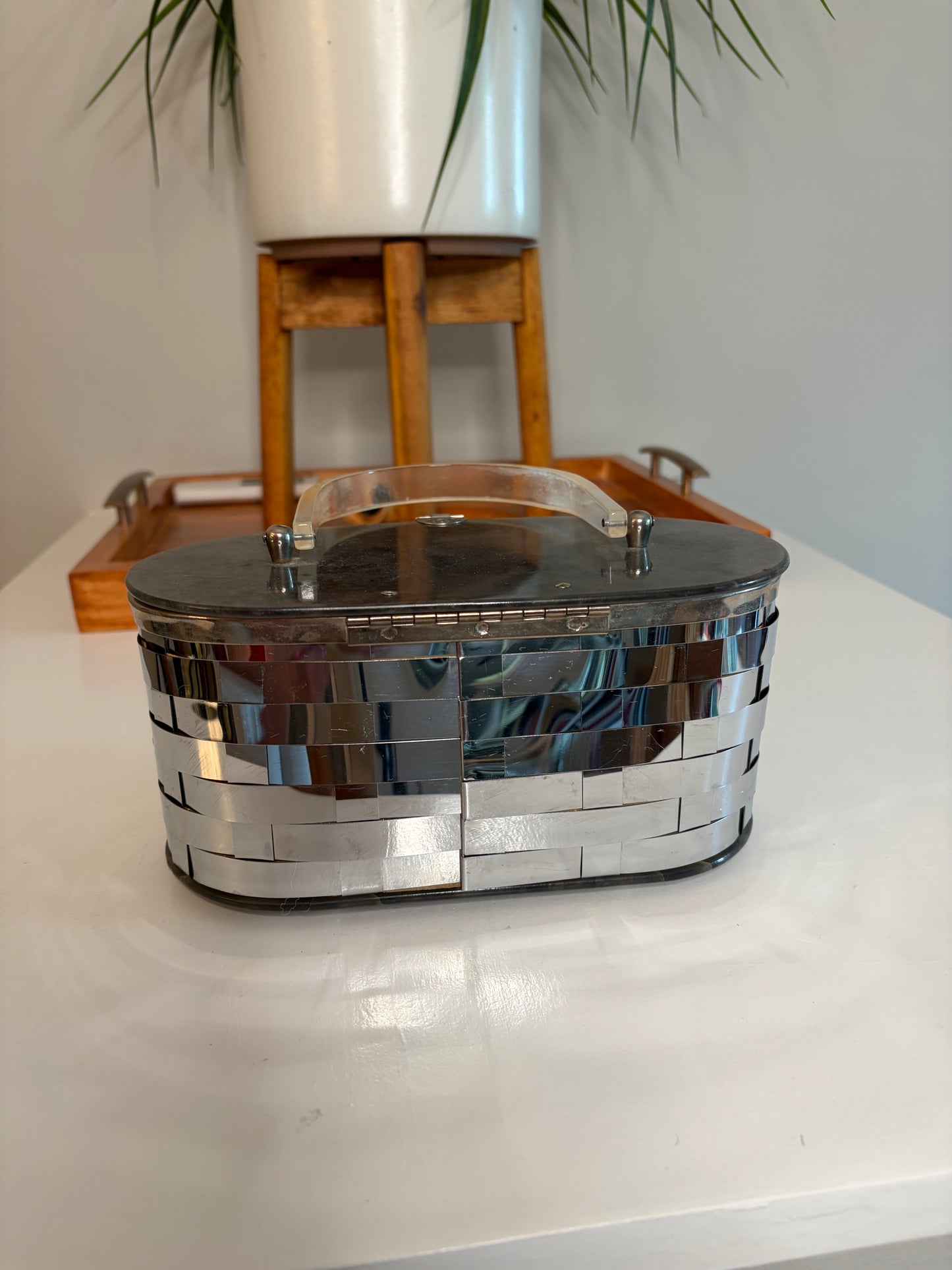 1950s Mirrored Basketweave Box Purse w/ Lucite Top/Handle