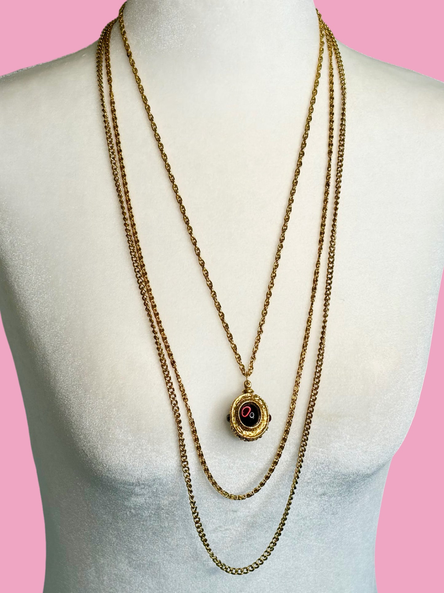 Mid Century Goldette Three Tiered Chain Necklace w/ Purple Glass Cabochon Pendant