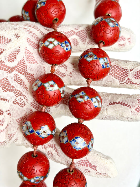 RARE 1940s Art Deco Chinese Carved Cinnabar Beaded Cloisonné Necklace w/ Hand Painted Flowers