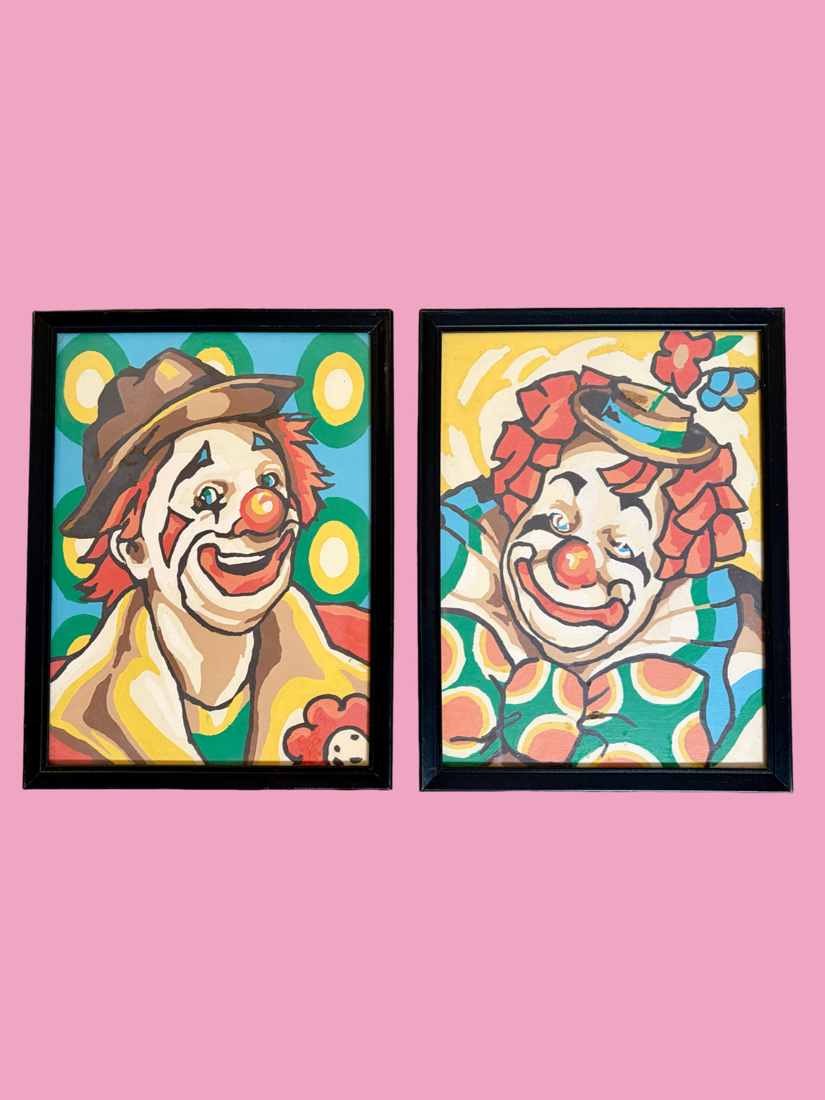 Vintage 1980s Framed Pair of Paint by Numbers Clowns
