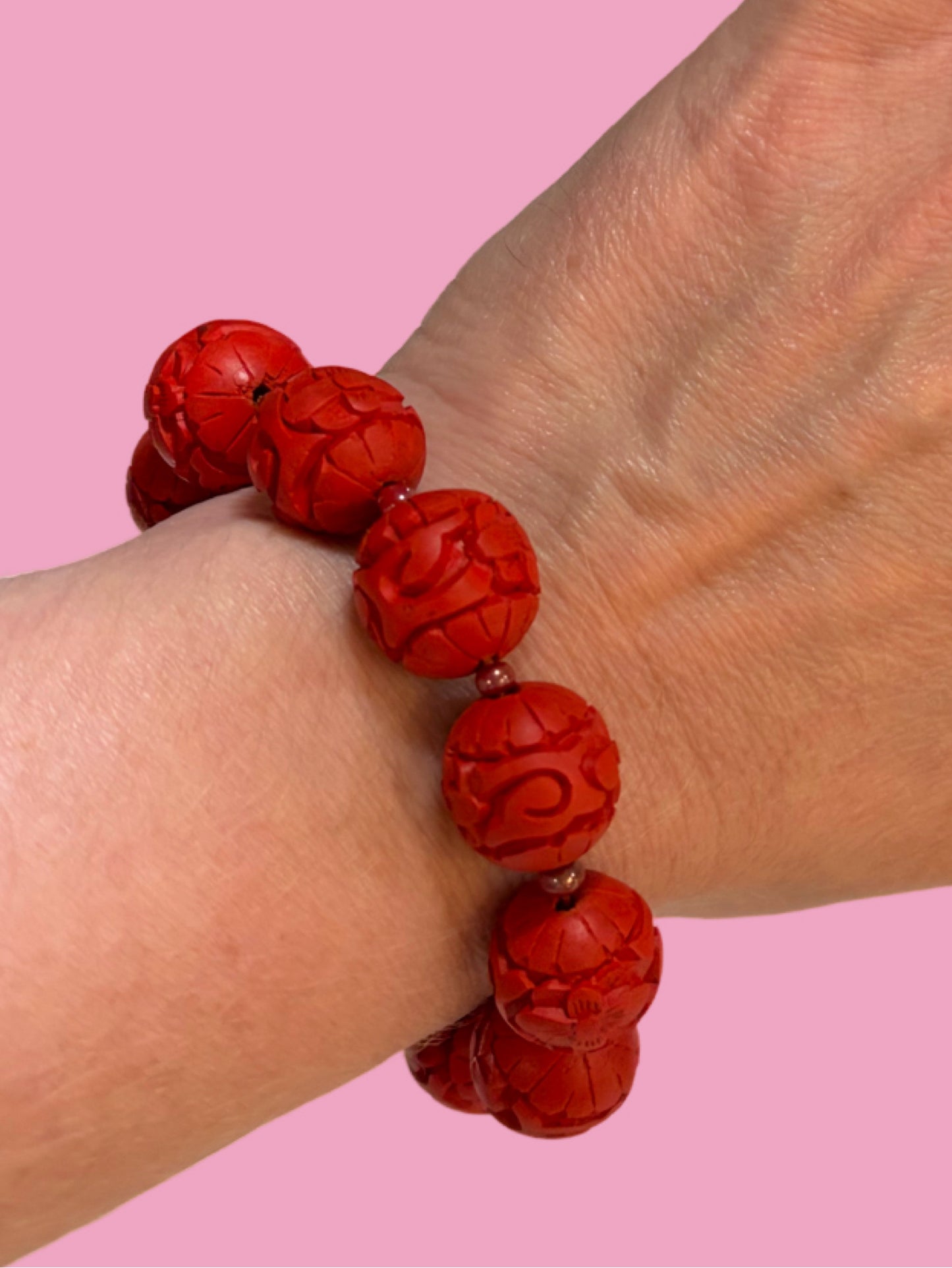 Vintage Chinese Carved Cinnabar Bead Bracelet with Gold Tone Filigree Box Clasp