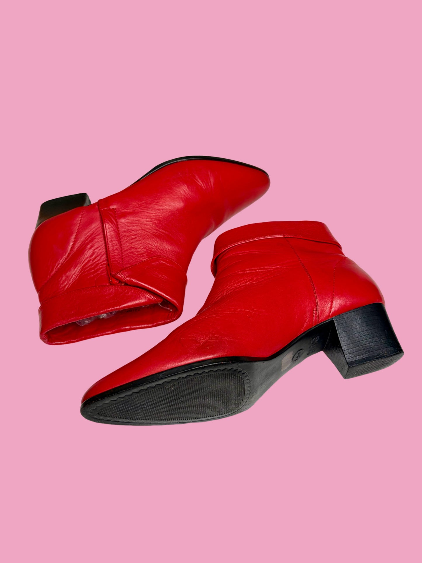 1980s Cherry Red Leather Cuffed Ankle Booties