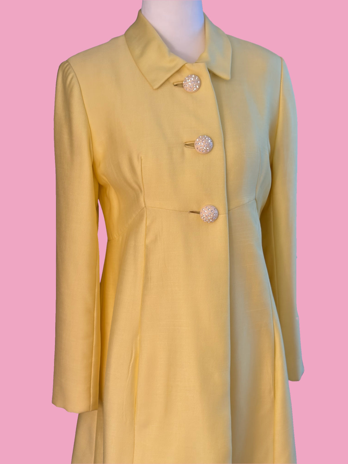 1960s Vintage Yellow Coat w/ Lucite/Rhinestone Buttons