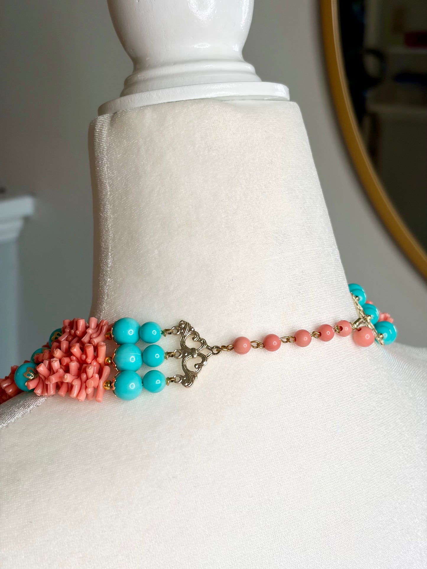 1950s Faux Coral/Turquoise Bead Three Strand Necklace
