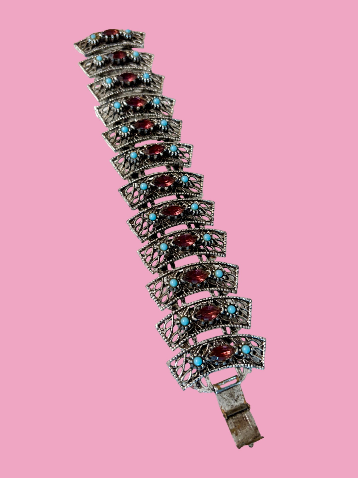 Dazzling 1960s Mid Century Chunky Silver Tone Panel Bracelet w/ Purple Rhinestones & Faux Turquoise