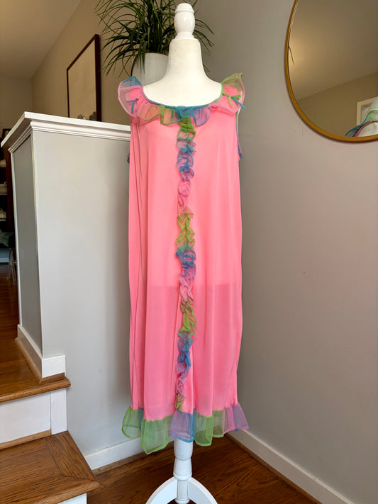 1960s Pink Nightgown with Blue/Green/Pink Ombré Ruffle Trim