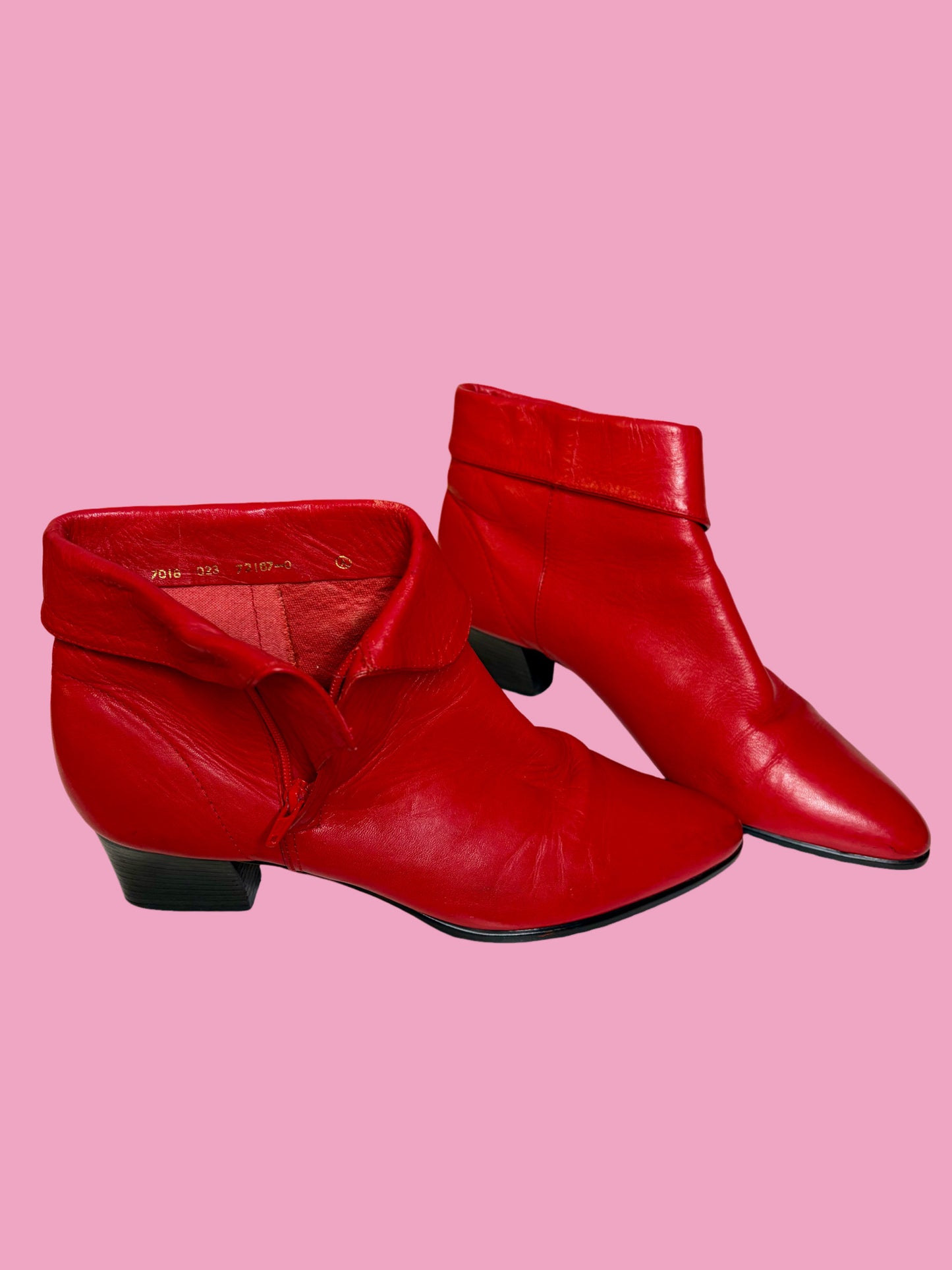 1980s Cherry Red Leather Cuffed Ankle Booties