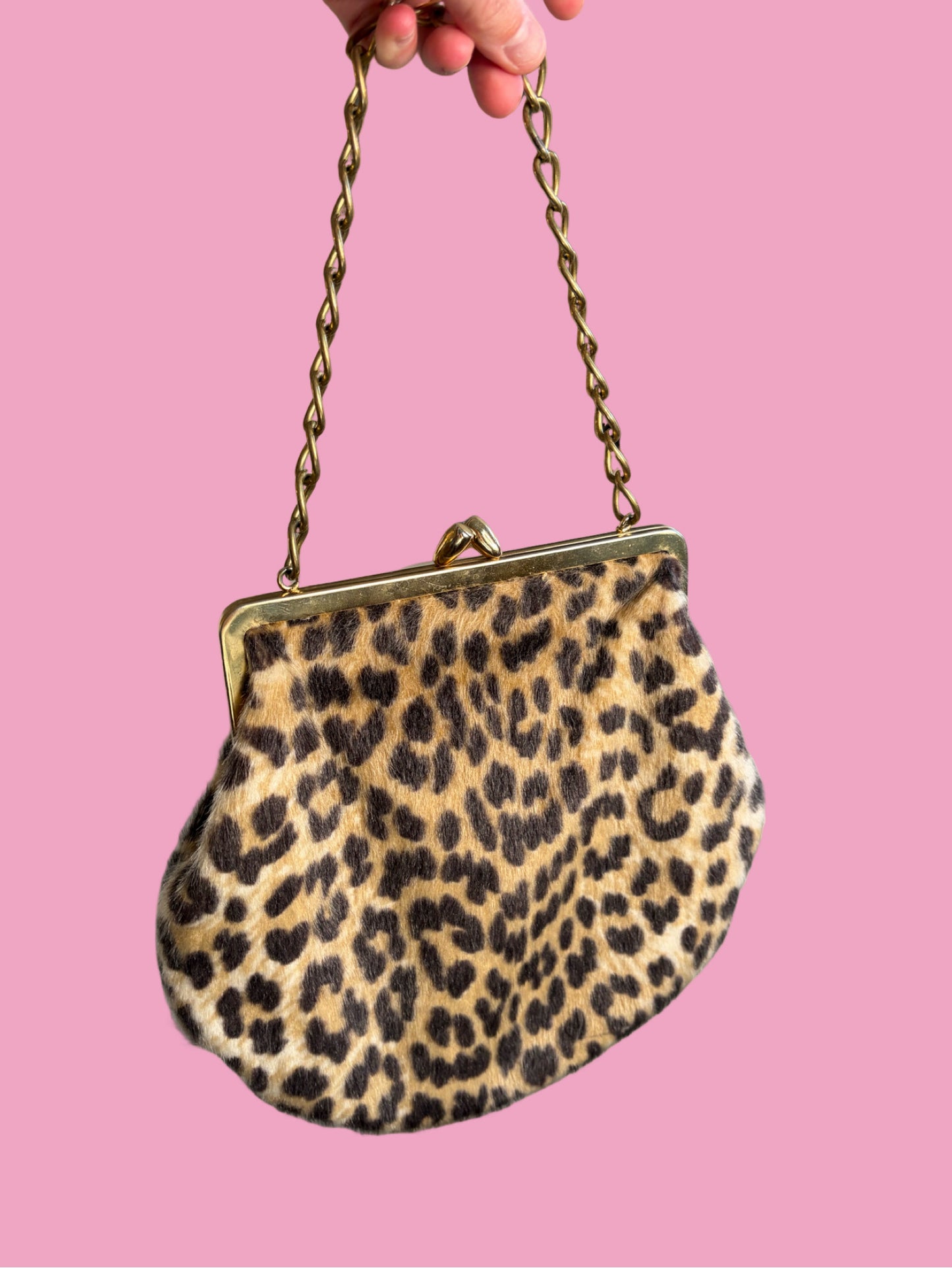 1960s Leopard Faux Fur Handbag with Gold Tone Chain