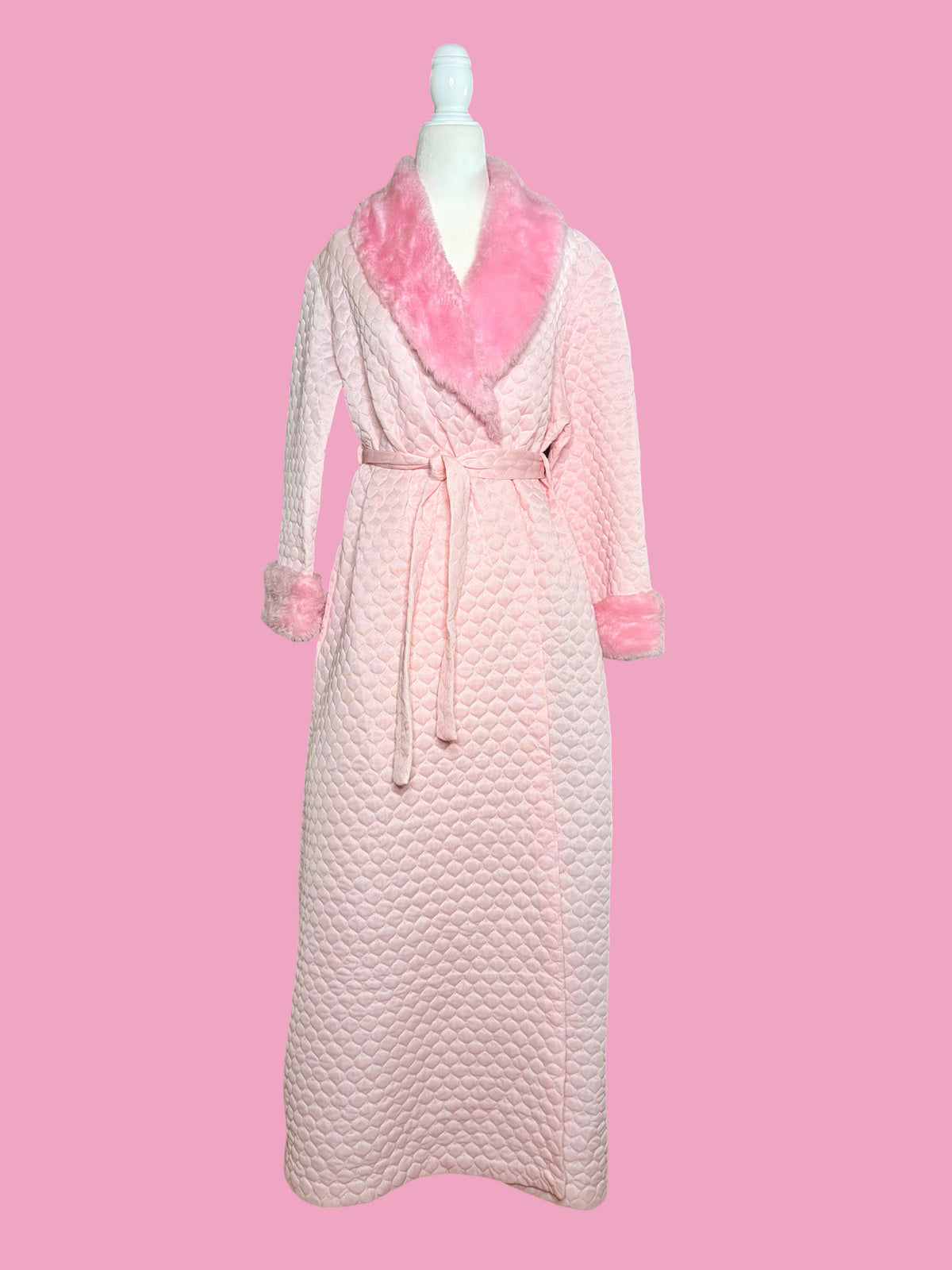 1970s Baby Pink Quilted Robe w/ Faux Fur Trim by BHS