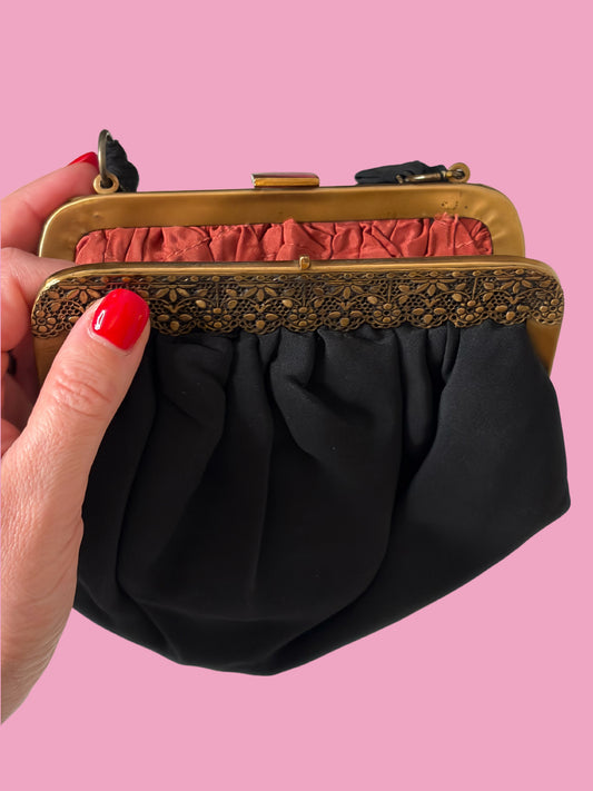 1940s Black Bag with Brass Filigree Frame