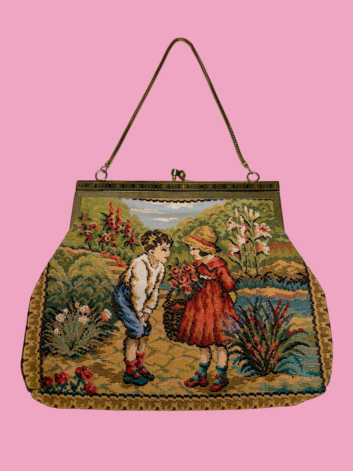 1950s Vintage “Children in Garden” Tapestry Handbag