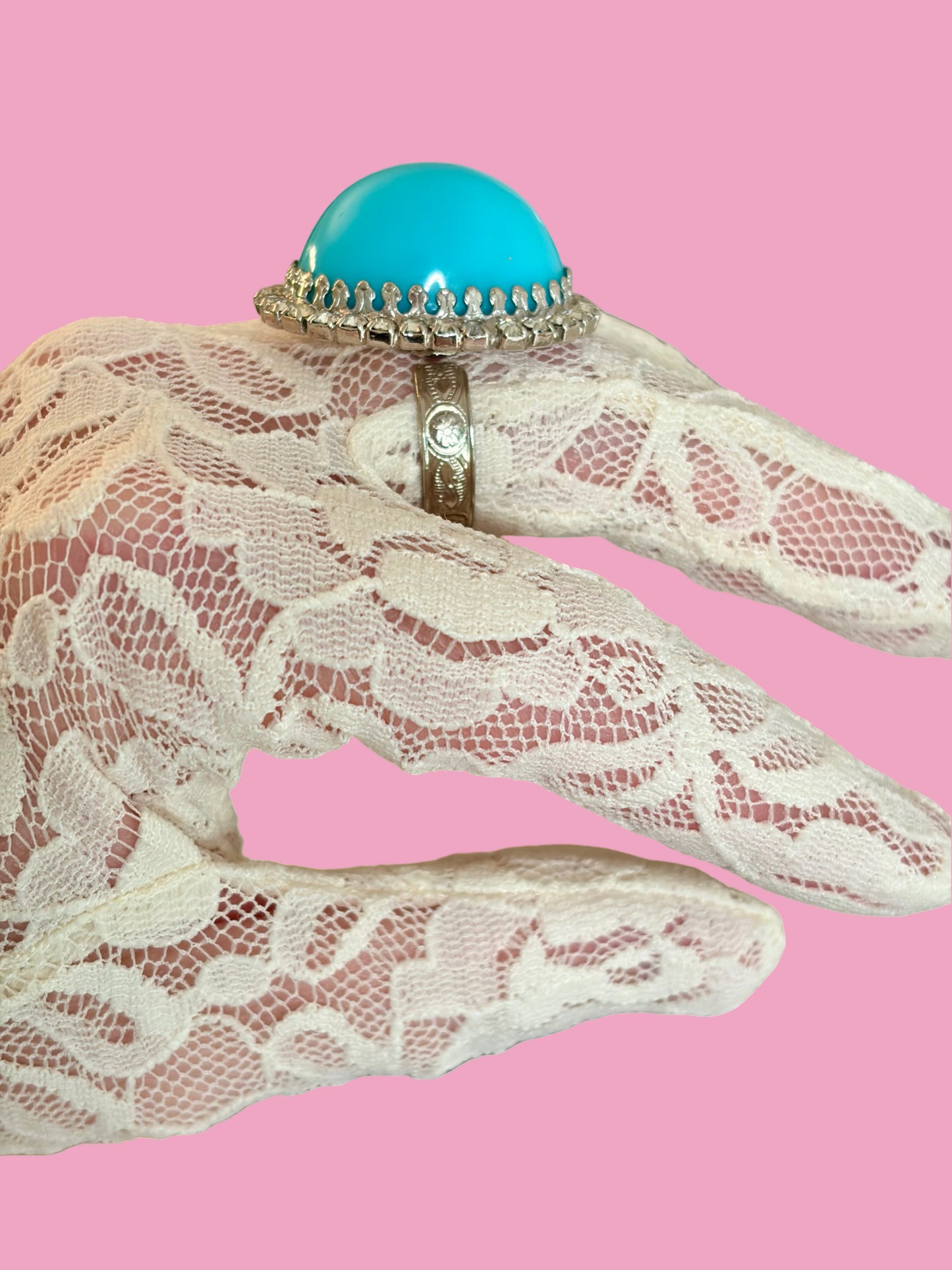 1960s Silver Tone Turquoise Plastic Oval Cabachon w/ Rhinestones Ring