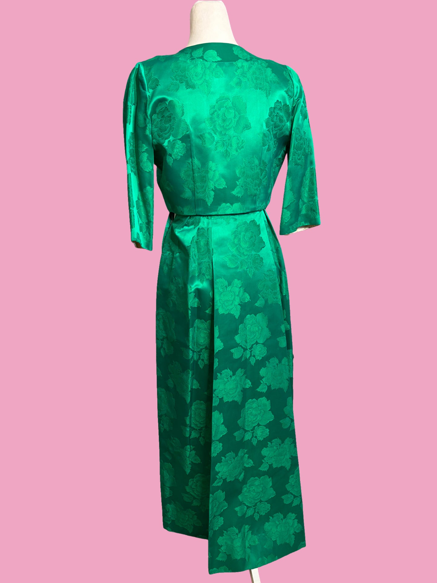 1950s Emerald Floral Brocade Party Dress with Matching Jacket