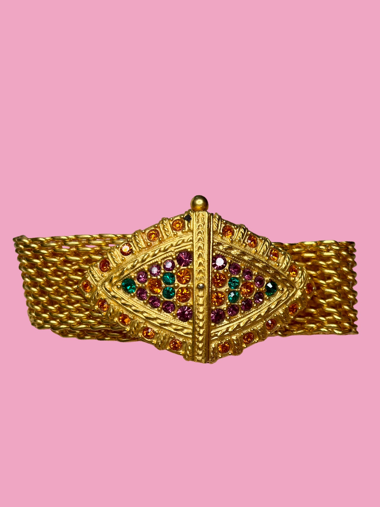 1980s Signed JBK USA Gold Tone Mesh Bracelet w/ Jeweled Clasp