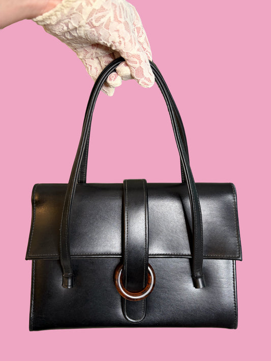 1970s Black Vinyl Handbag with Lucite Ring Clasp