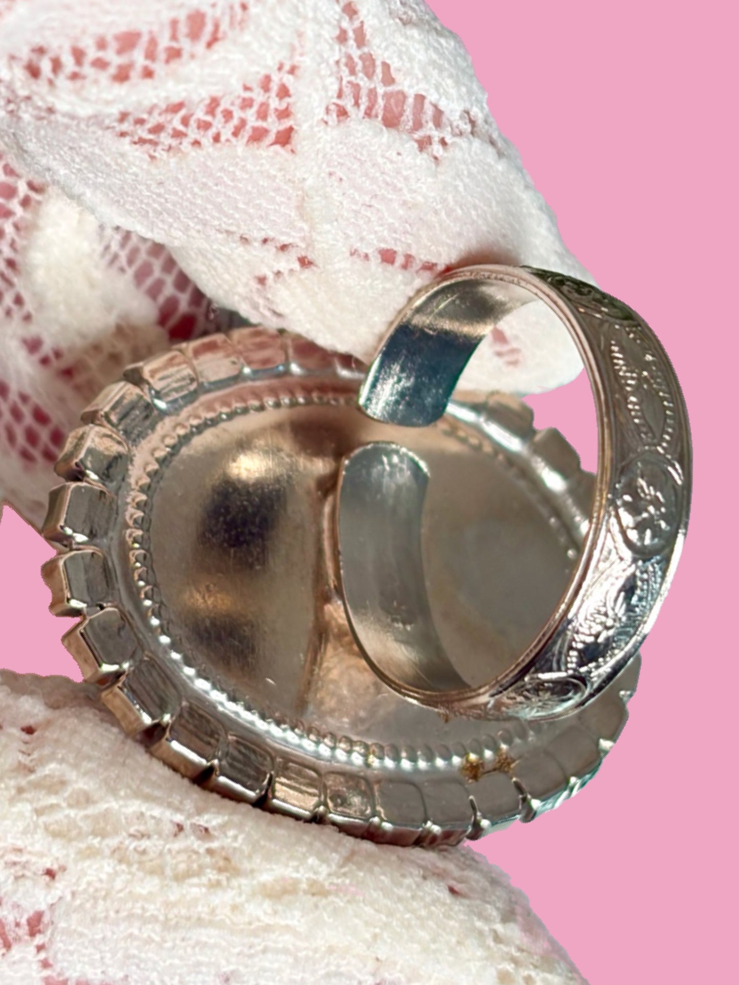 1960s Silver Tone Turquoise Plastic Oval Cabachon w/ Rhinestones Ring