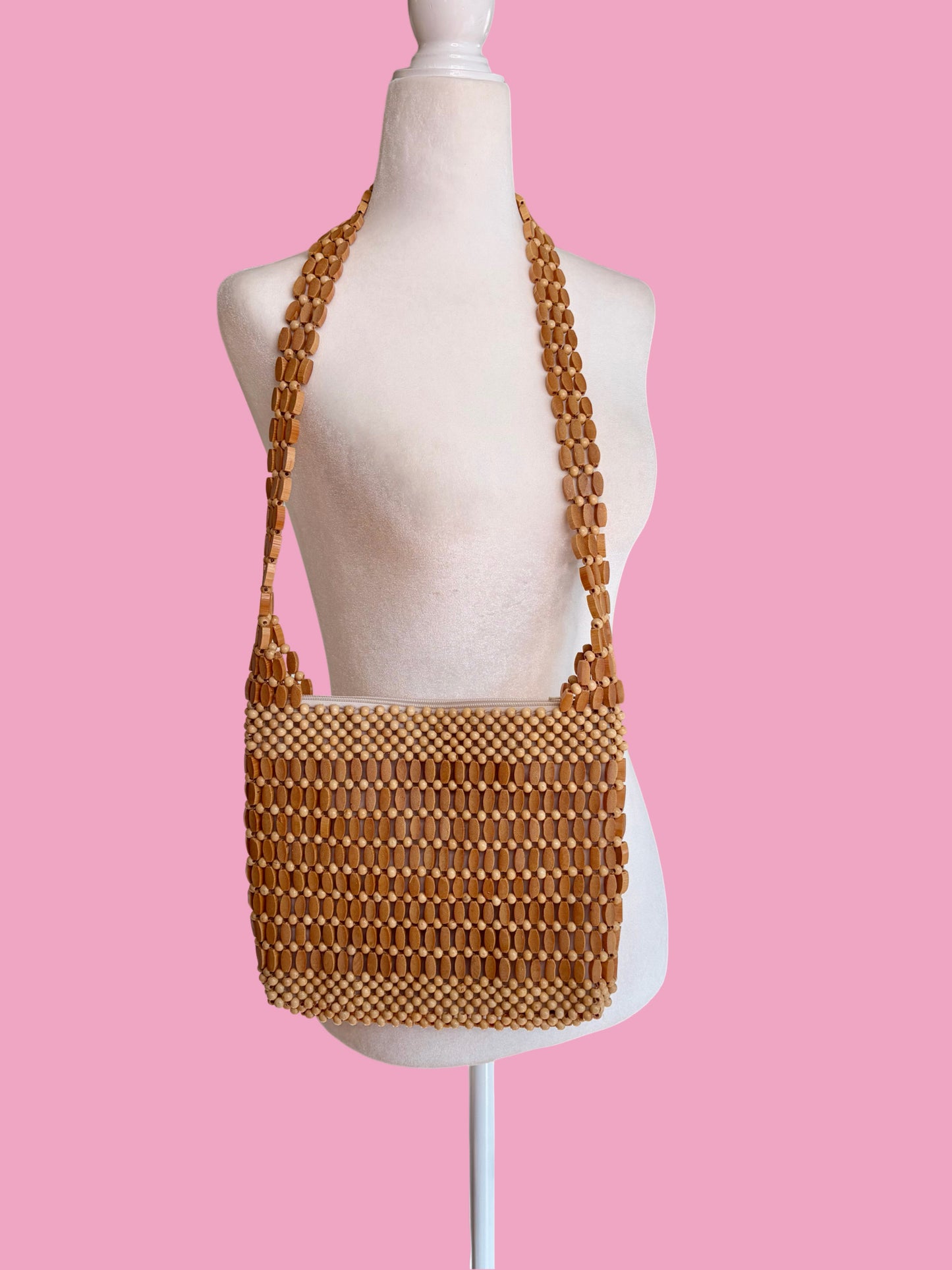 1970s Boho Wooden Beaded Shoulder Bag