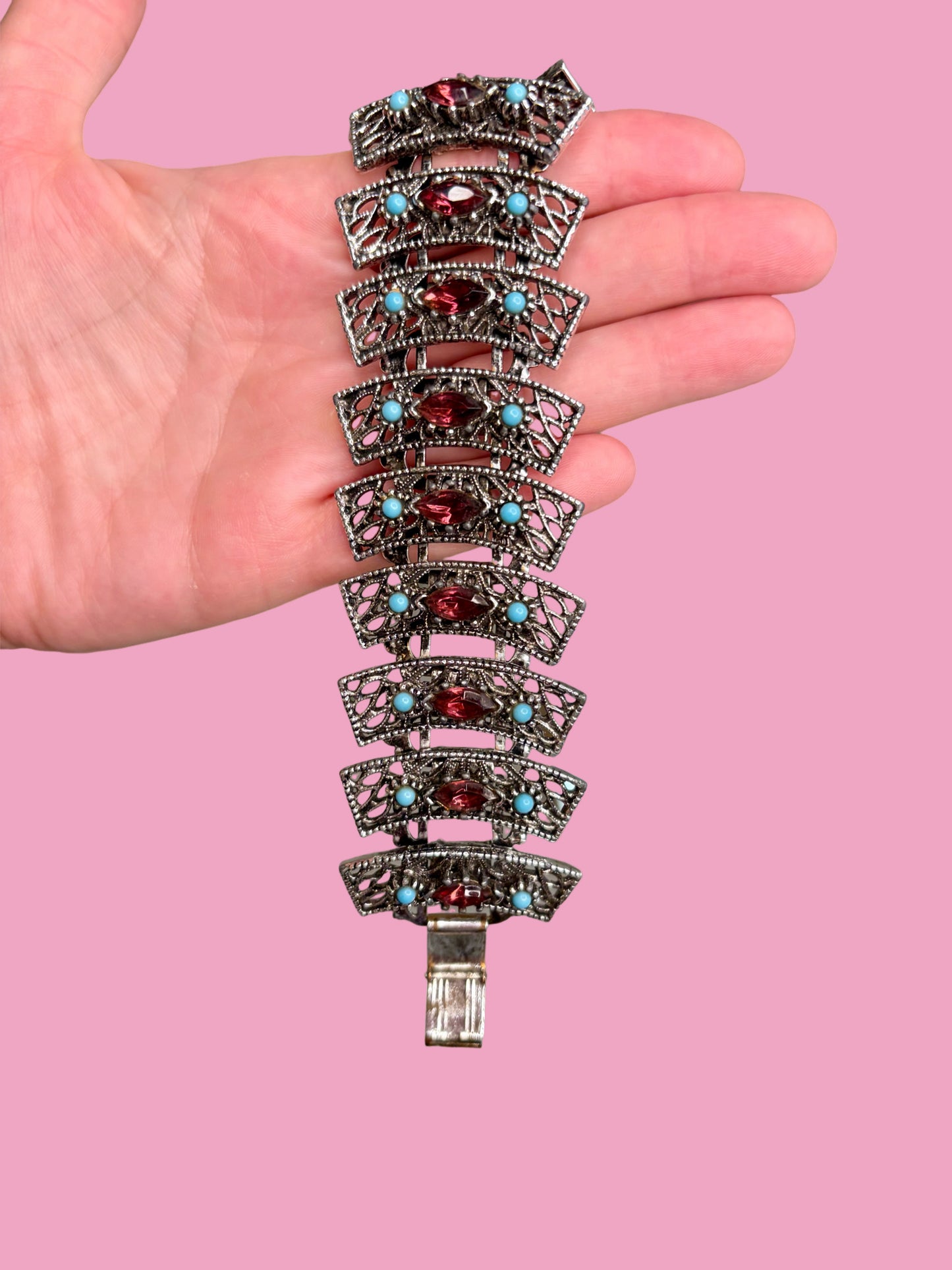 Dazzling 1960s Mid Century Chunky Silver Tone Panel Bracelet w/ Purple Rhinestones & Faux Turquoise