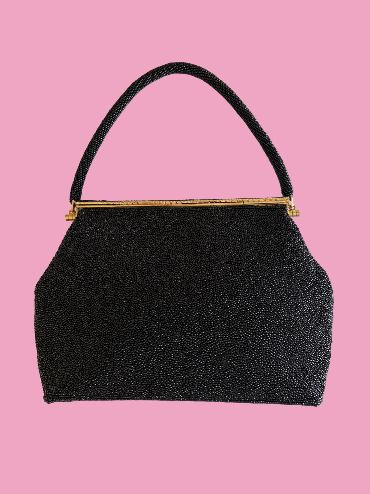 1950s Vintage Mid Century Black Seed Bead Rose Needlepoint Handbag