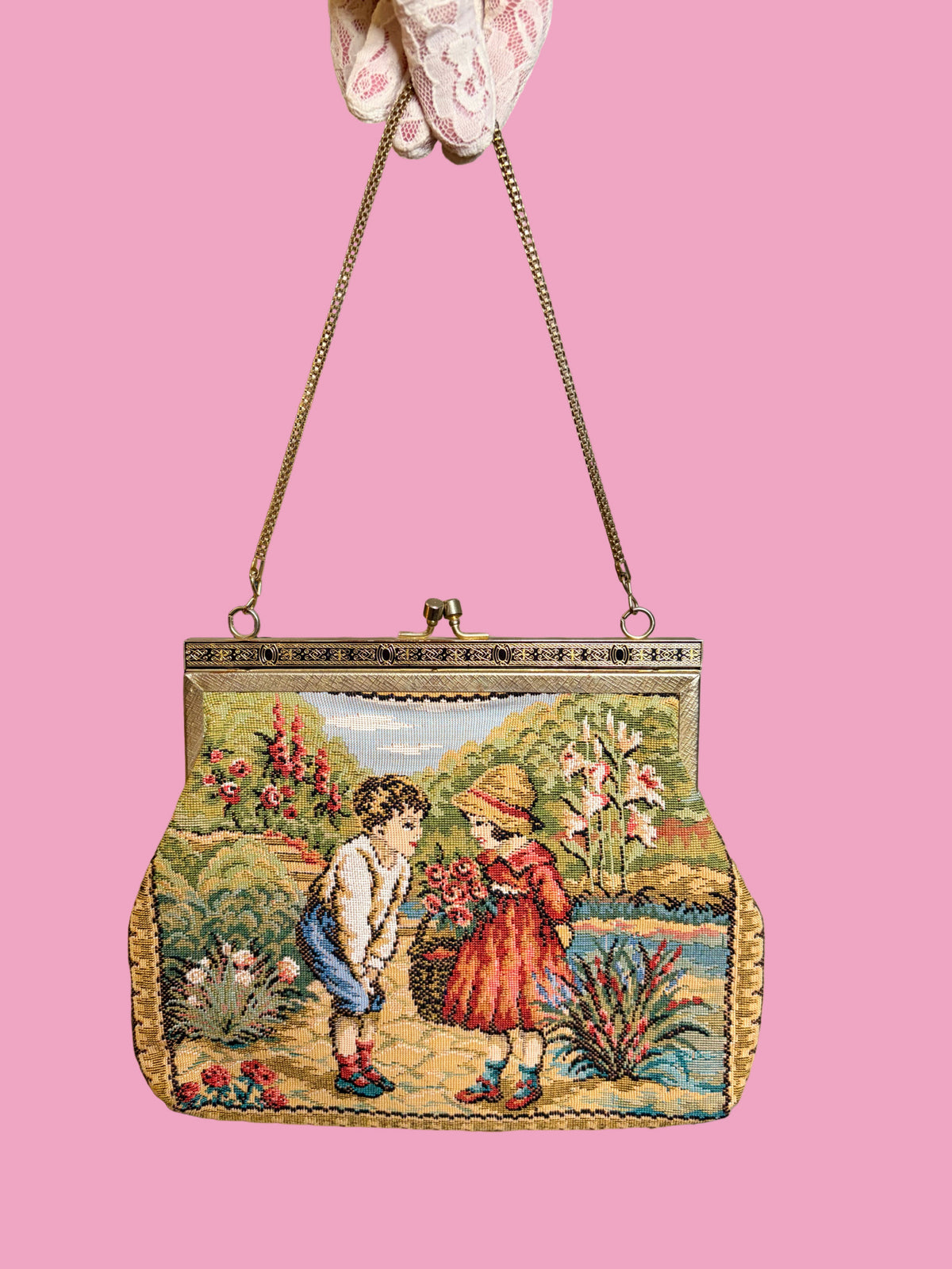 1950s Vintage “Children in Garden” Tapestry Handbag