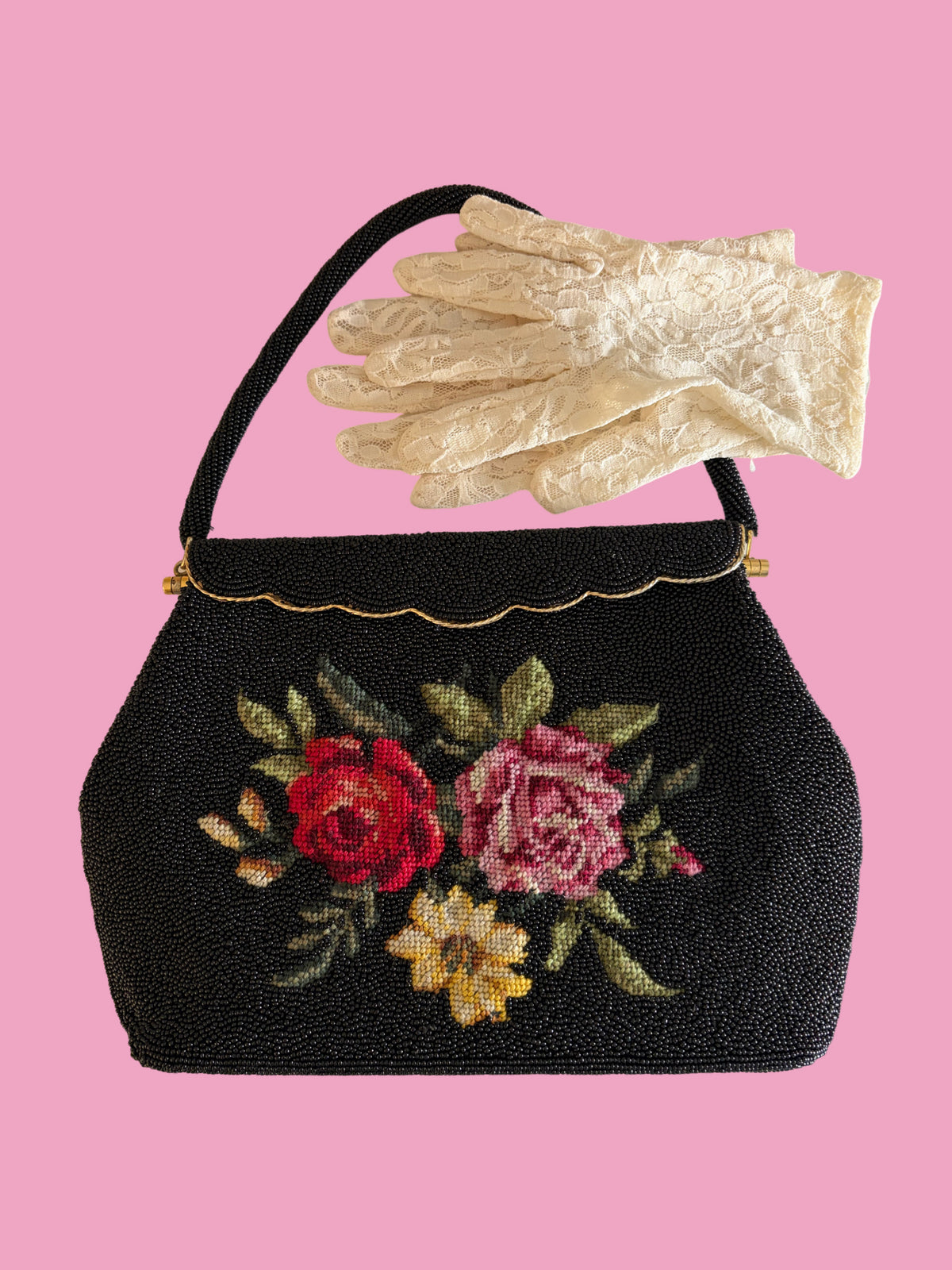 1950s Vintage Mid Century Black Seed Bead Rose Needlepoint Handbag