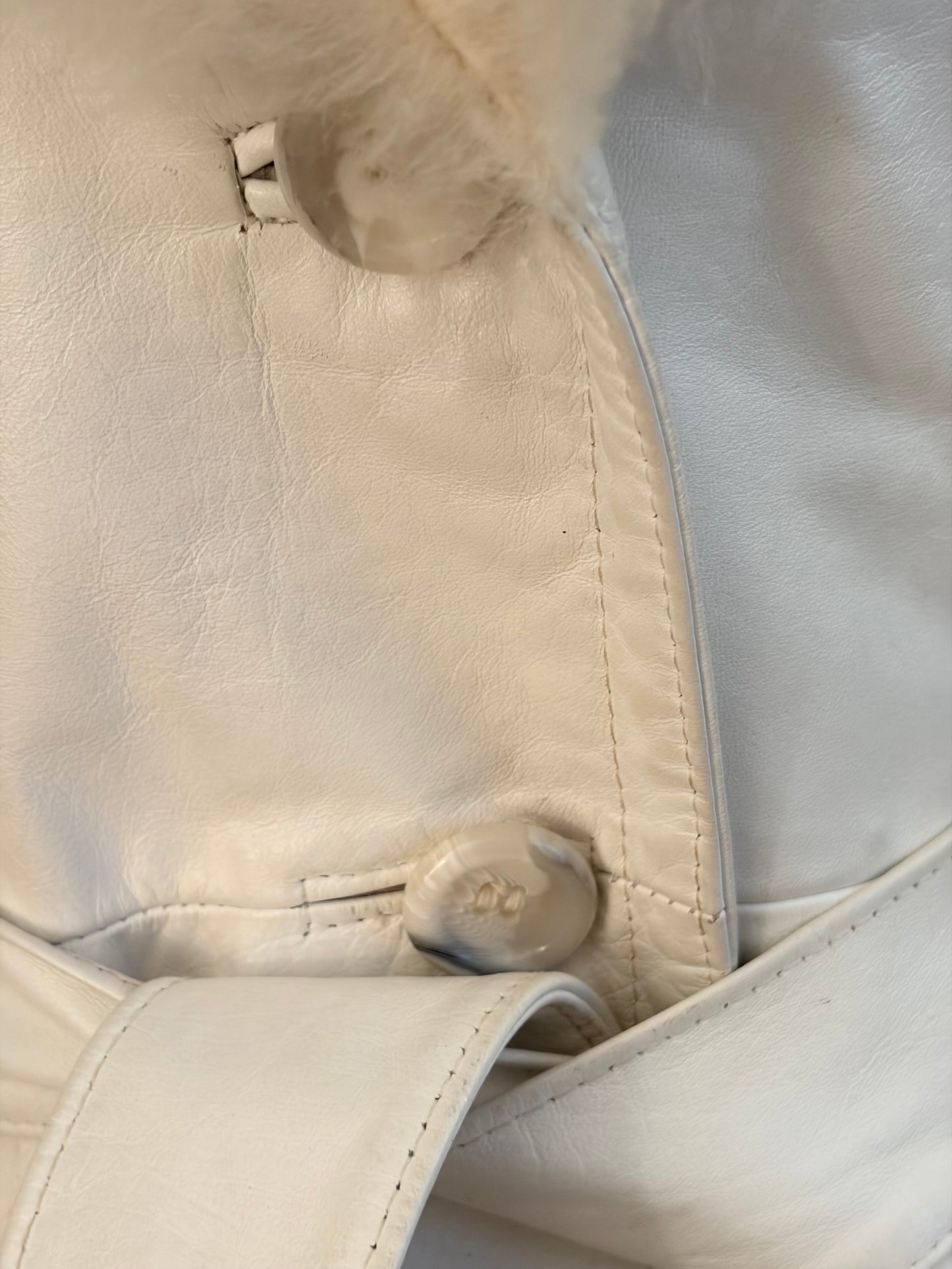 1970s White Leather Trench w/ Faux Fur Collar